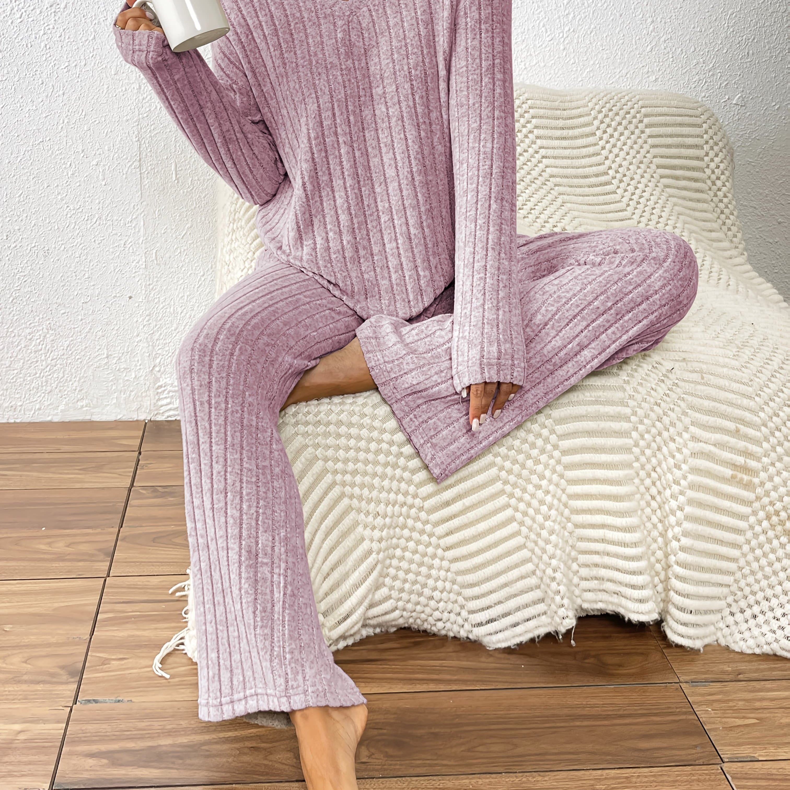 TEMU Targeted Development Autumn Winter Loose Ribbed Fleece Two-piece Set V-neck Top And Straight Leg Pants Casual Outfit