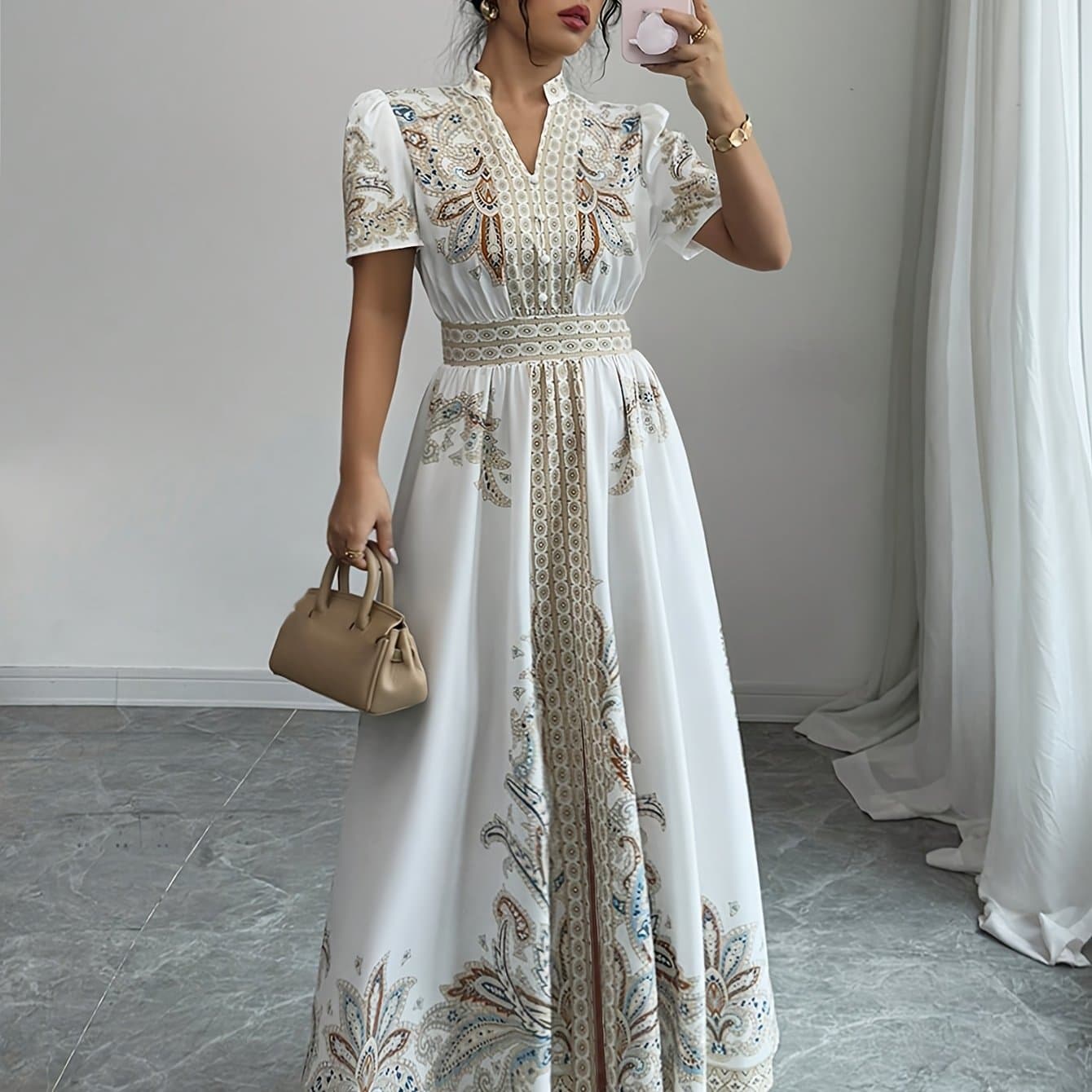 TEMU Bohemian Style Floral Print Waist-cinching Short Puff Sleeve Dress