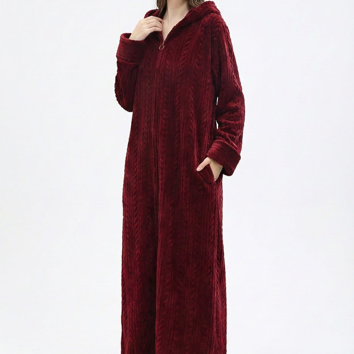 TEMU Warm And Cozy Long Plush Fleece Bathrobe For Women, Featuring A Purple Zipper, Perfect For Autumn And Winter