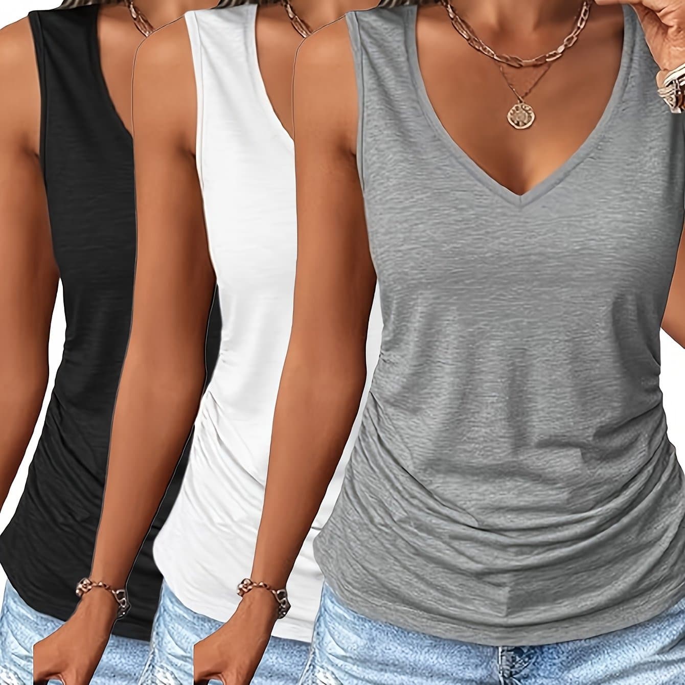 TEMU Three-piece Set 2025 Spring Summer Europe And The United States Fashion Women's Clothing Pleated Vest V-neck Slim Casual Sleeveless Vest