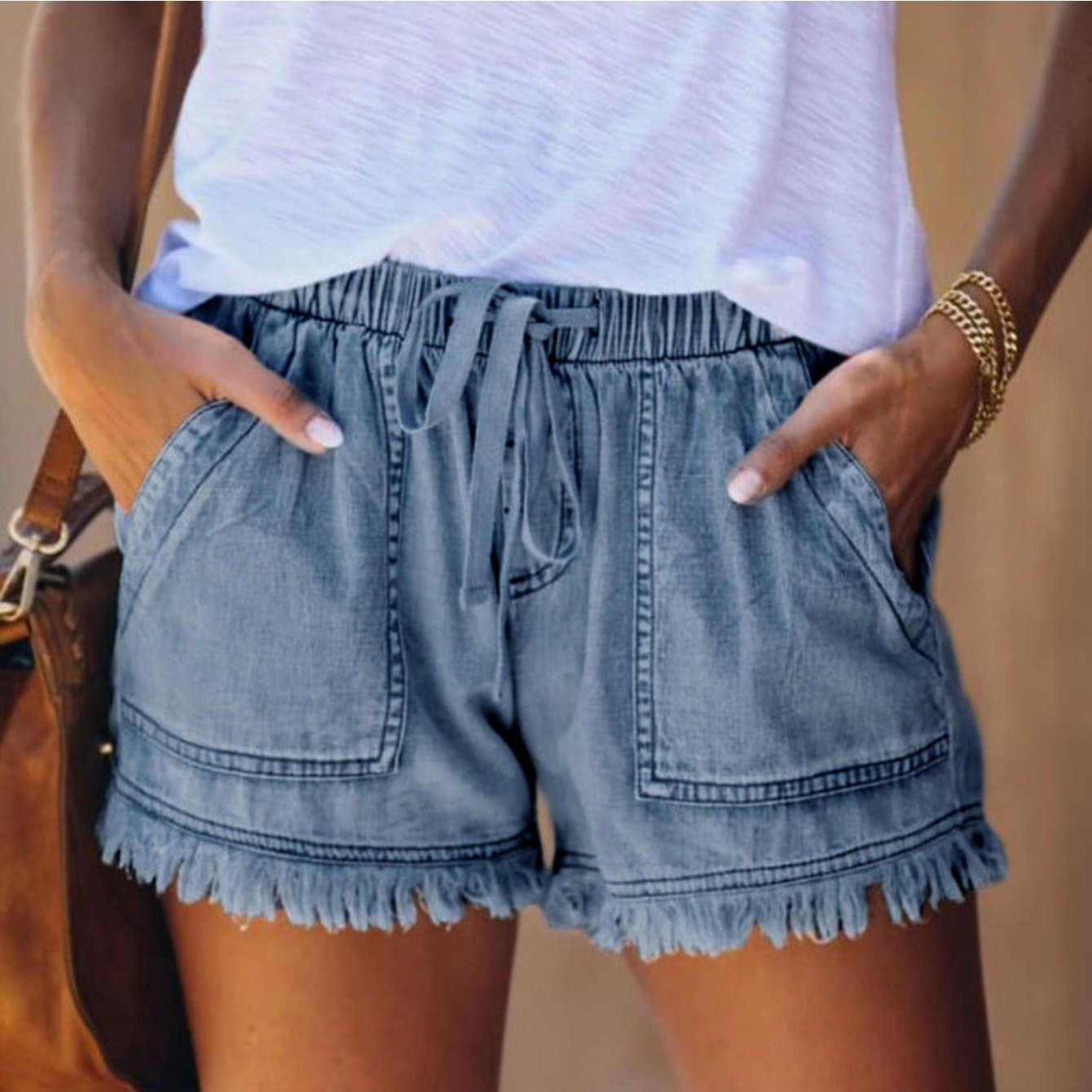 TEMU Elastic Waist Fringe Denim Shorts High Waist Casual Versatile Elegant Sexy