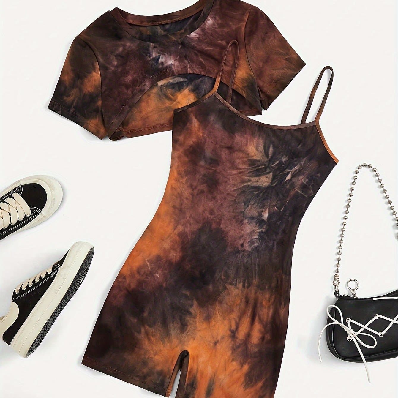 TEMU Women's Tie-dye High-waist Short Sleeve T-shirt And Y2k Cami Dress Set