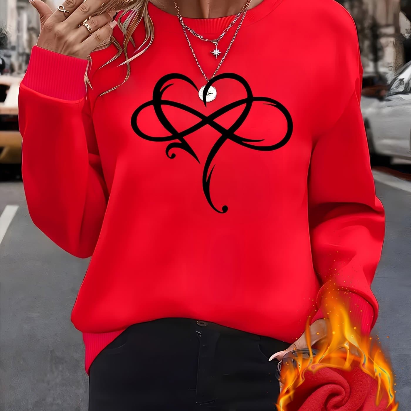TEMU Womens Cozy -lined Long Sleeve Crewneck With Elegant - Soft, Warm, And Stylish For All , Perfect For Lounging At Home, Cozy Clothing | Heart Pattern Pullover | Soft