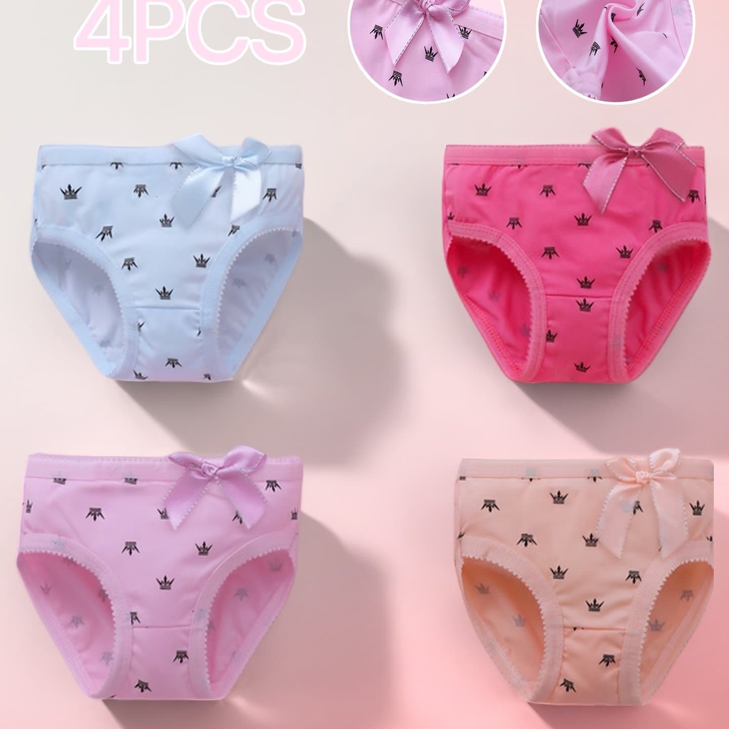 TEMU Girls' 4 - Pack Cute Triangular Panties. From Polyester Fiber And Spandex, 're Soft, Skin - Friendly, And Provide A Non - Tight, . With Crown Prints And Delicate Bows, Panties Add A To .