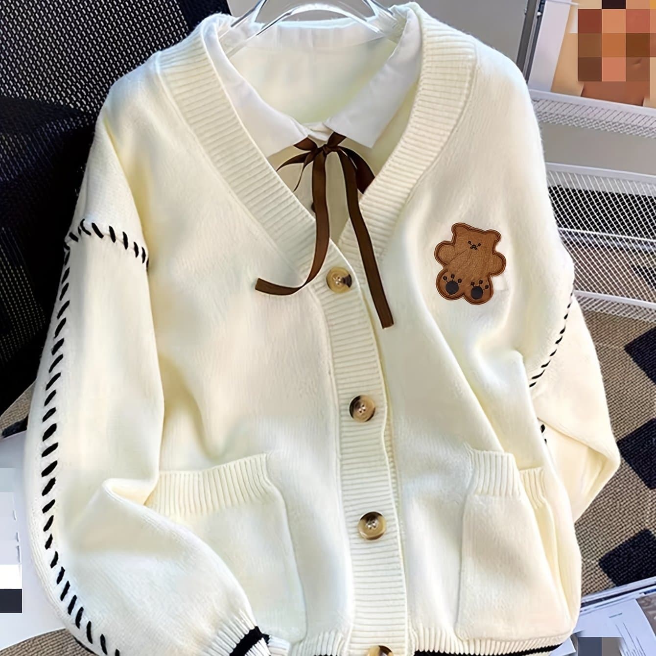 TEMU Western Autumn New Contrast Bear Rope Tie Cardigan Sweater Coat