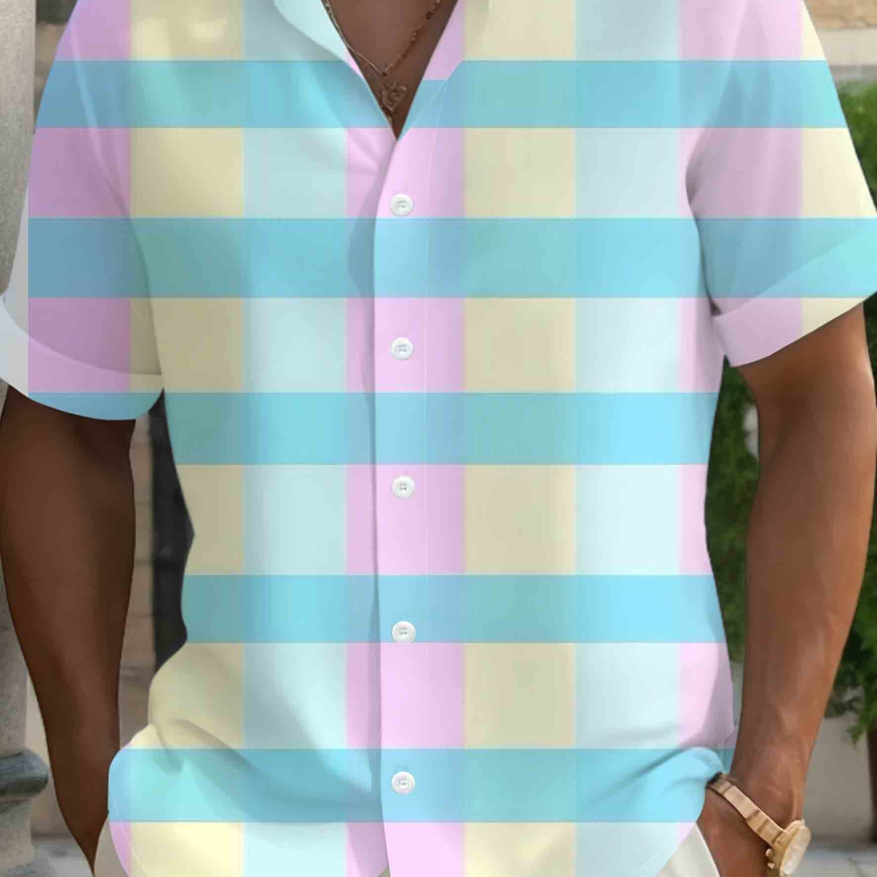 TEMU Men's Casual Shirt - Light, Pink And Yellow Gradient All- Theme 3d Printed Shirt Lapel Top Casual Fashion Men's Shirt, Plus Size