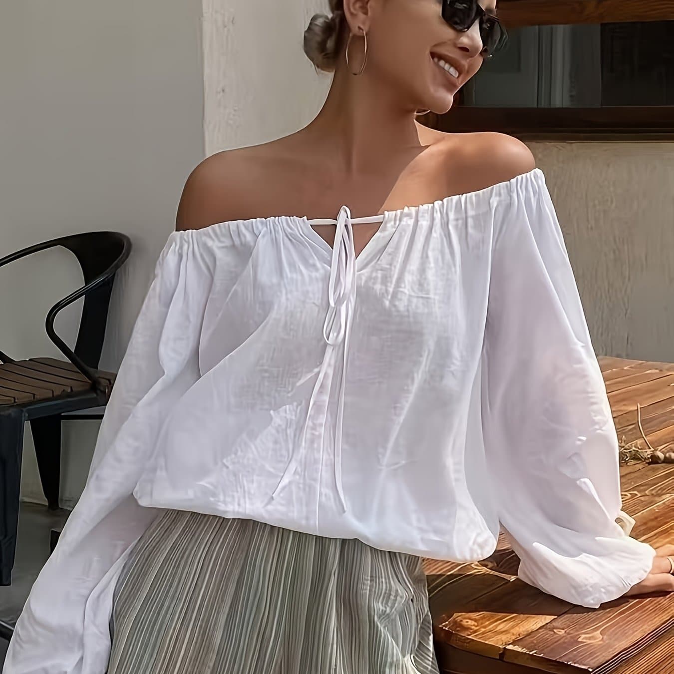 TEMU Zj1201035 Women's Loose Off-shoulder Top, Drawstring Neck Tie And Lantern Puff Sleeves, Lightweight Breathable Blouse, A Relaxed Fashion Style, Loose Fit thumbnail 2