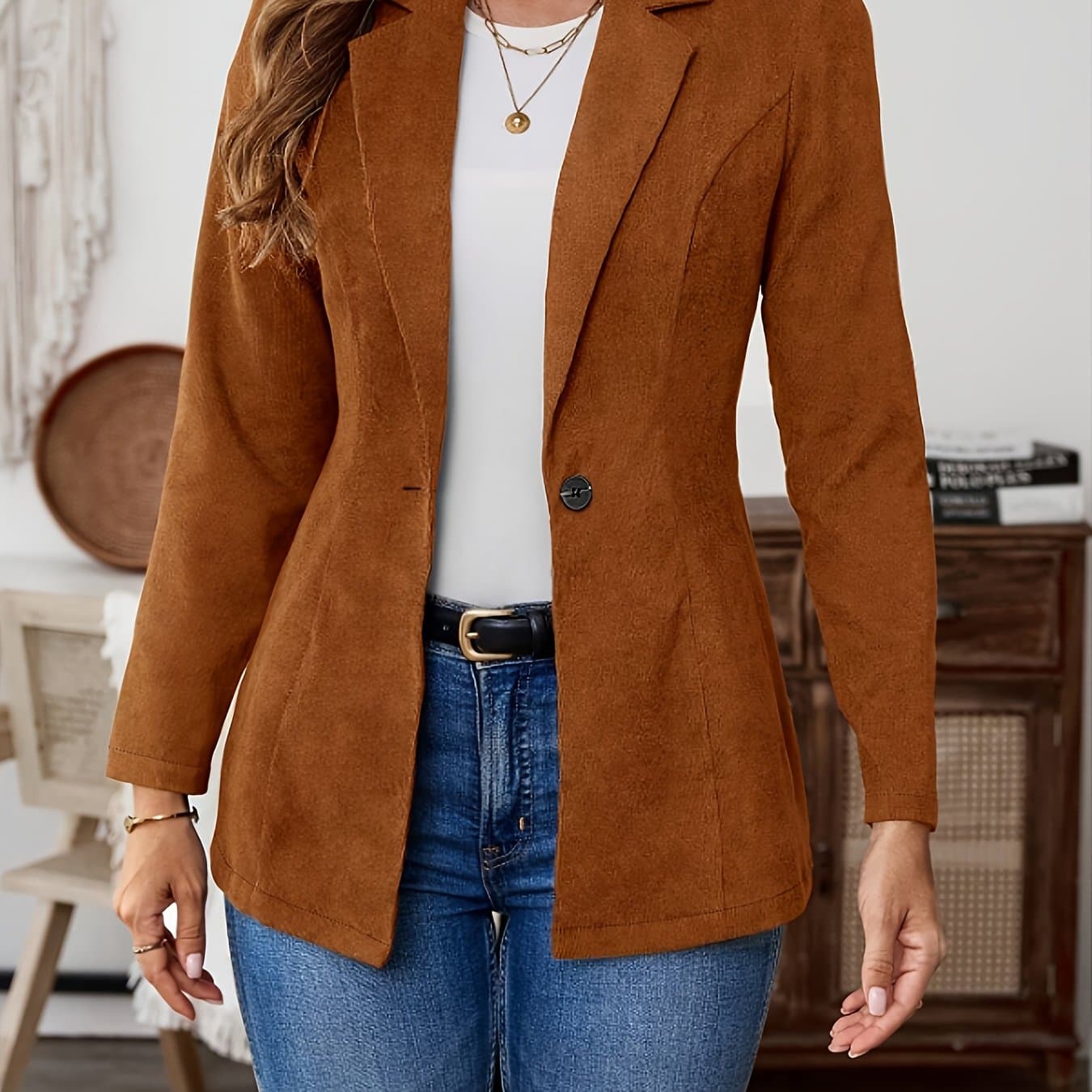 TEMU Women's Suede Solid Color Lapel Long Sleeve Belted Button Cardigan Coat, Elegant Business Casual Jacket