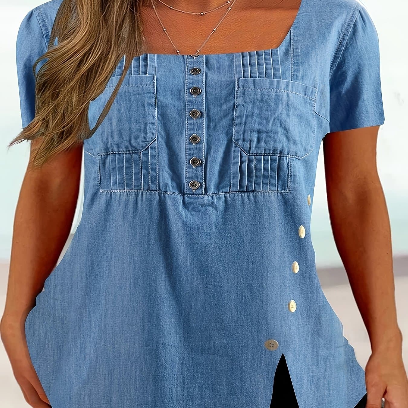 TEMU Women's Short Sleeve Square Neck Button Print T-shirt