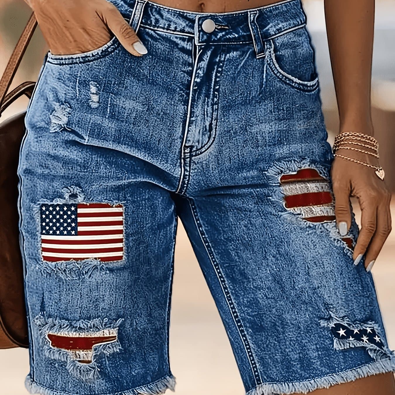 TEMU Women's Denim Shorts, Embroidered Patch Distressed Frayed Mid-rise Denim Bermuda Shorts, Summer Casual Versatile Jeans, Women's Jeans And Apparel