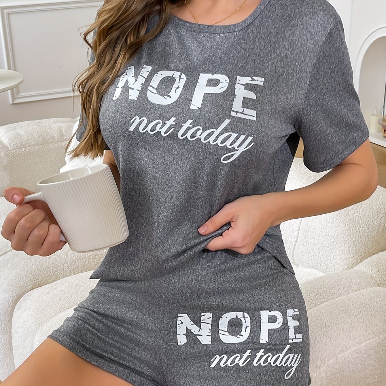 TEMU Casual Cute Letter Print Short-sleeve Round-neck T-shirt And Shorts Women's Pajama Set