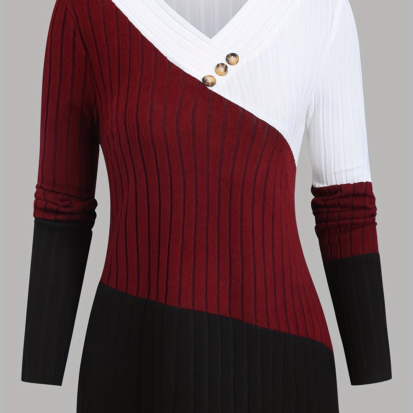TEMU Women's Spring/autumn Ribbed Color-block V-neck Long Sleeve Pullover Casual Fashion Loose Breathable Top