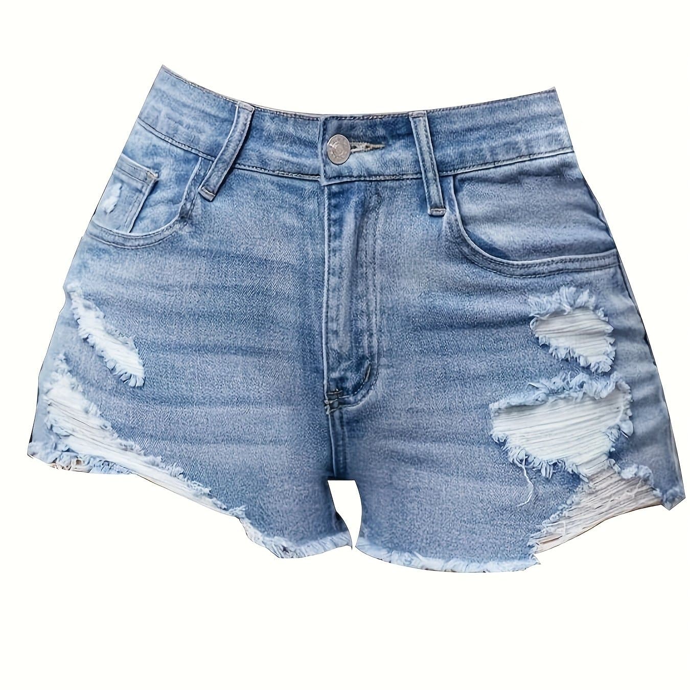 TEMU Blue Ripped Denim Shorts With Elastic And Pockets,, Shorts, Jean Shorts,, Shorts For Women,, Cute Clothes