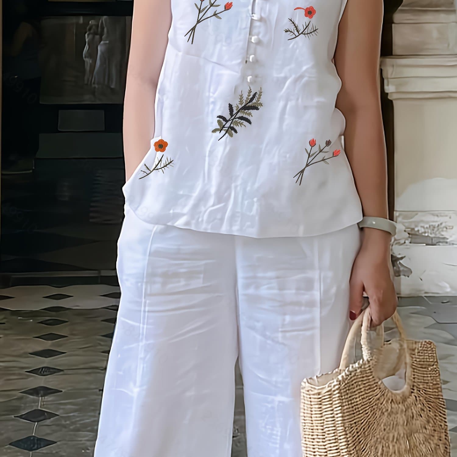TEMU Chinese Style Embroidered Women's Set, Breathable Vest And Pants Outfit - Two-piece Casual Elegant Ensemble
