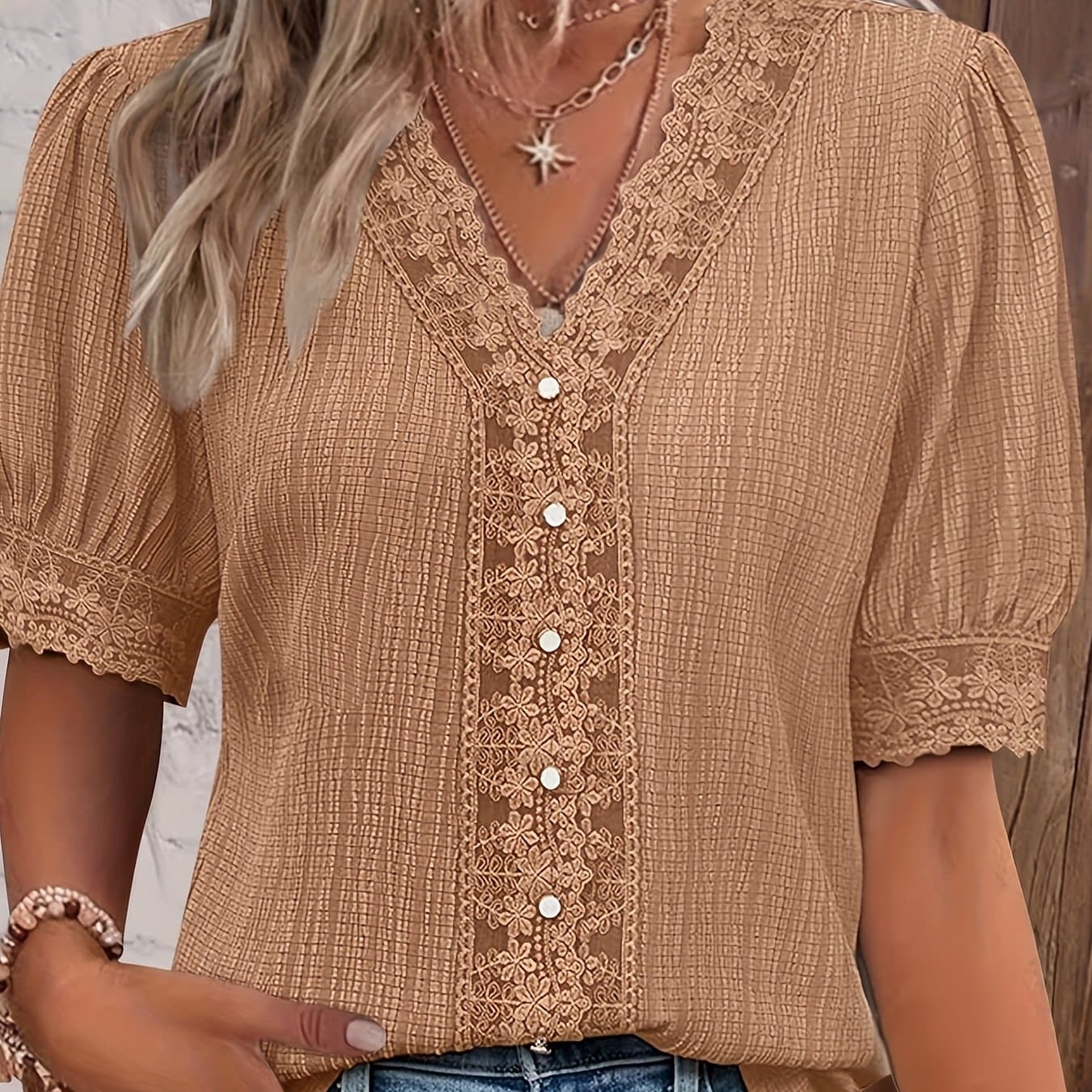 TEMU 2503 2025 Spring-summer Contrast Lace Splicing Short Sleeve Top