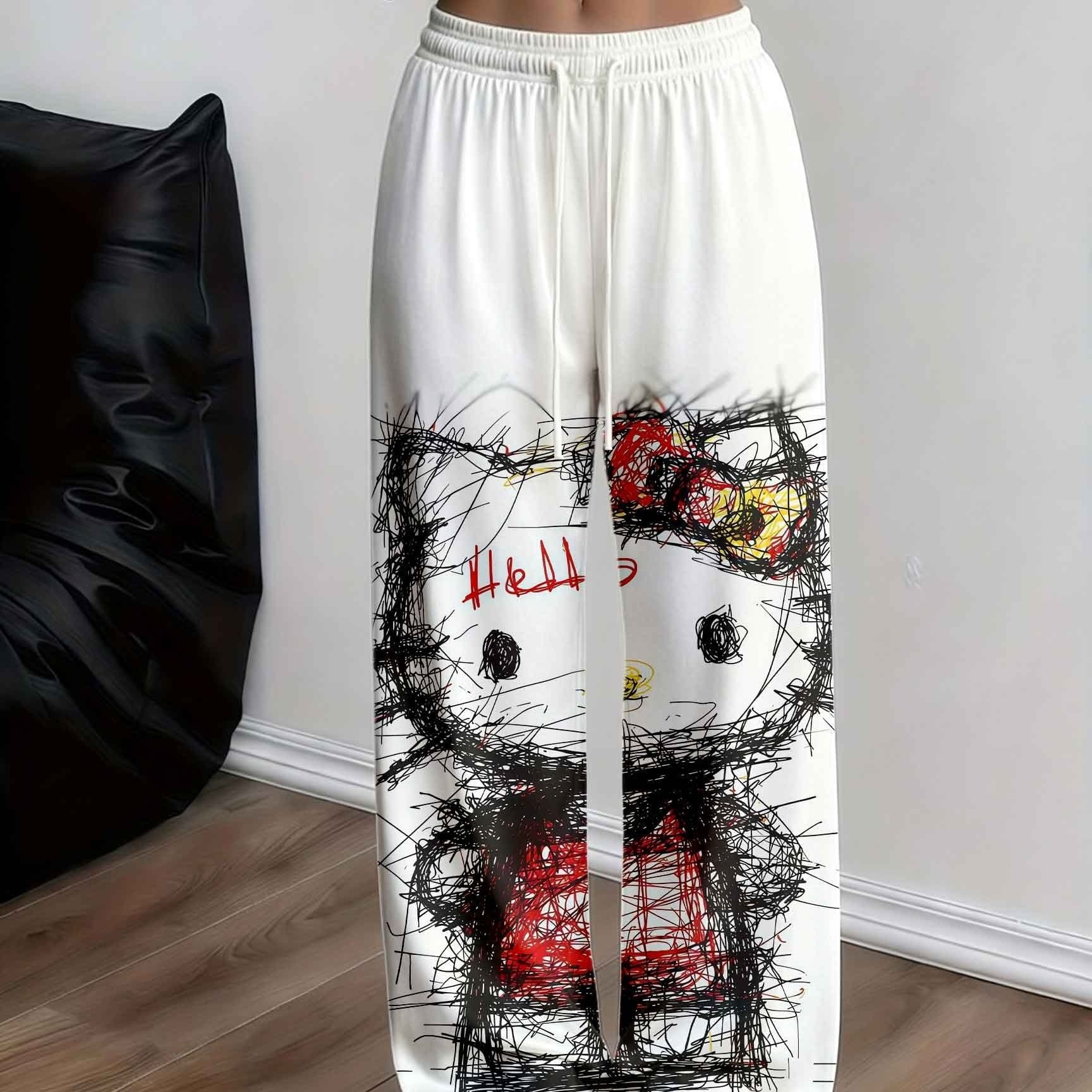 TEMU Plus Size Women Wide Leg Pants White Hello Kitty Graffiti Print And Text Straight Leg Pants Casual Streetwear Full Printed