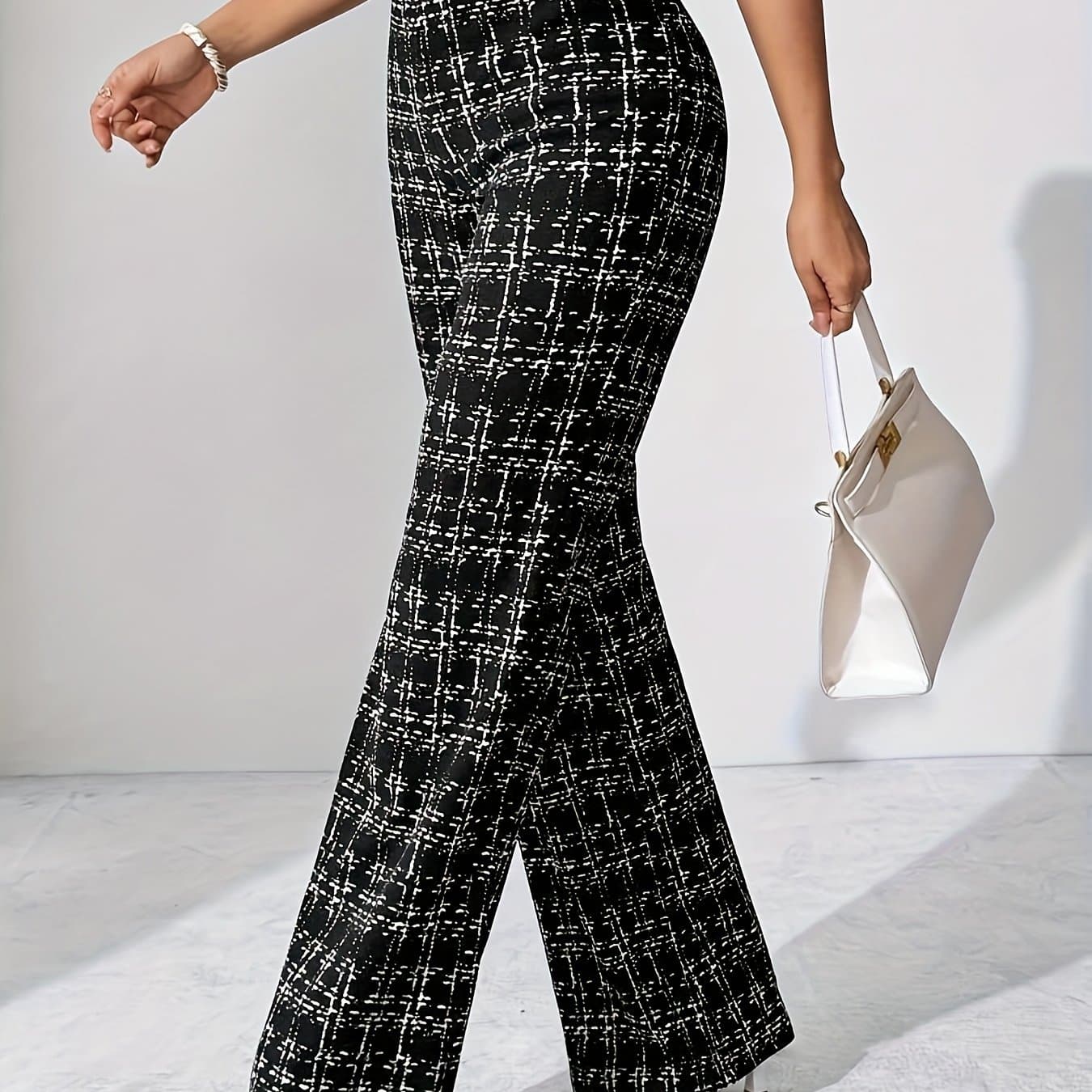 TEMU Elegant Solid Color Checkered High-waisted Trousers