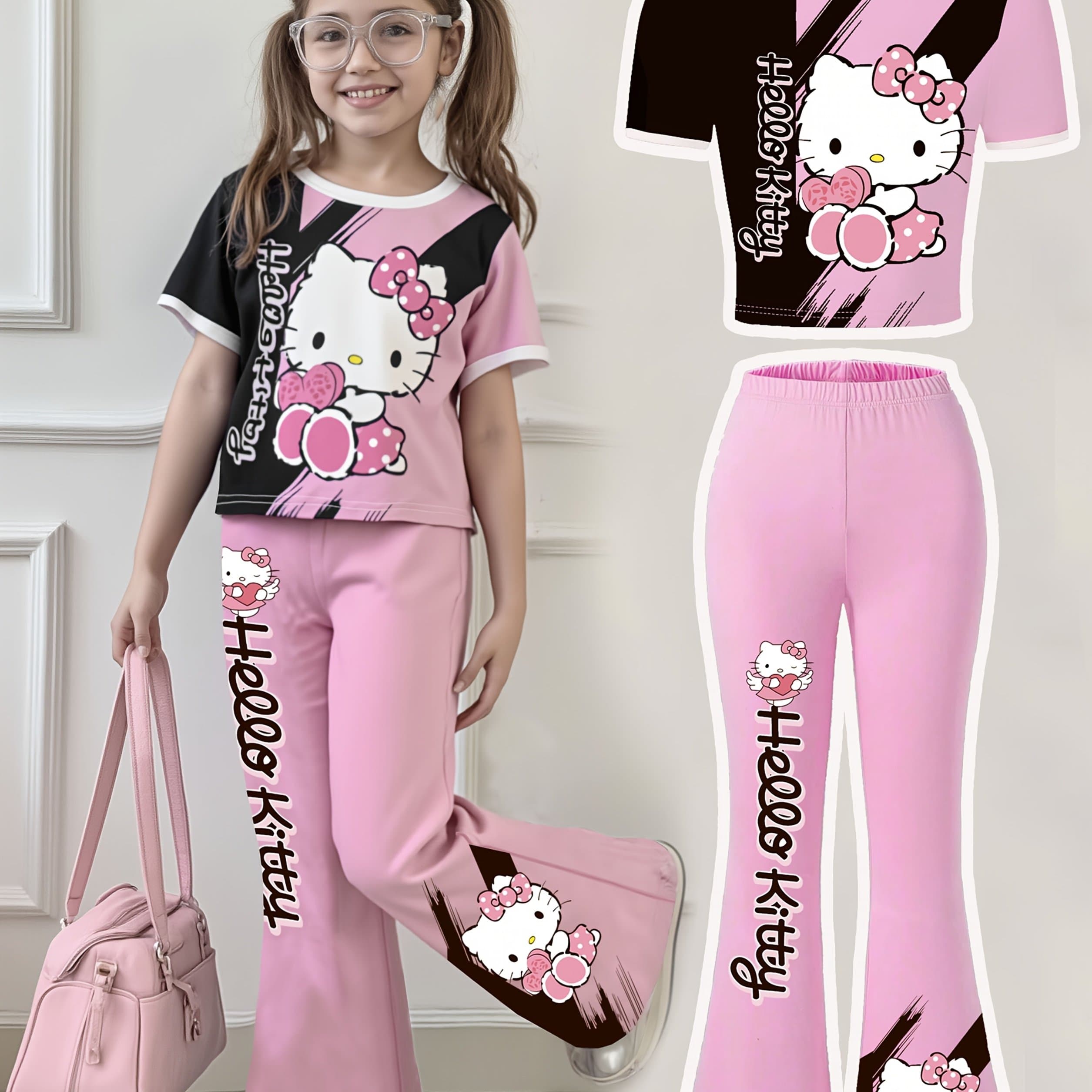 TEMU Hellokitty Girls' Heart Bow Short Top Crew Neck T-shirt + Slim Fit Flared Pants Two-piece Set, For Outdoor