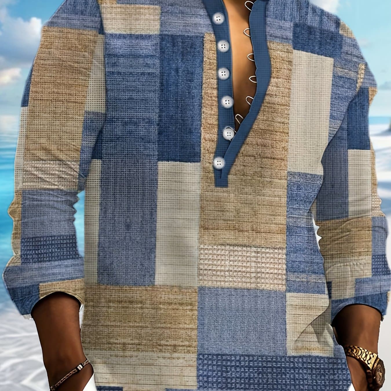 TEMU Creative Printing Men's Summer Fashion Simple Long-sleeved Button- Casual Henry Collar Simple Shirt, Fashionable And Versatile, Suitable For Dating, Beach Vacation