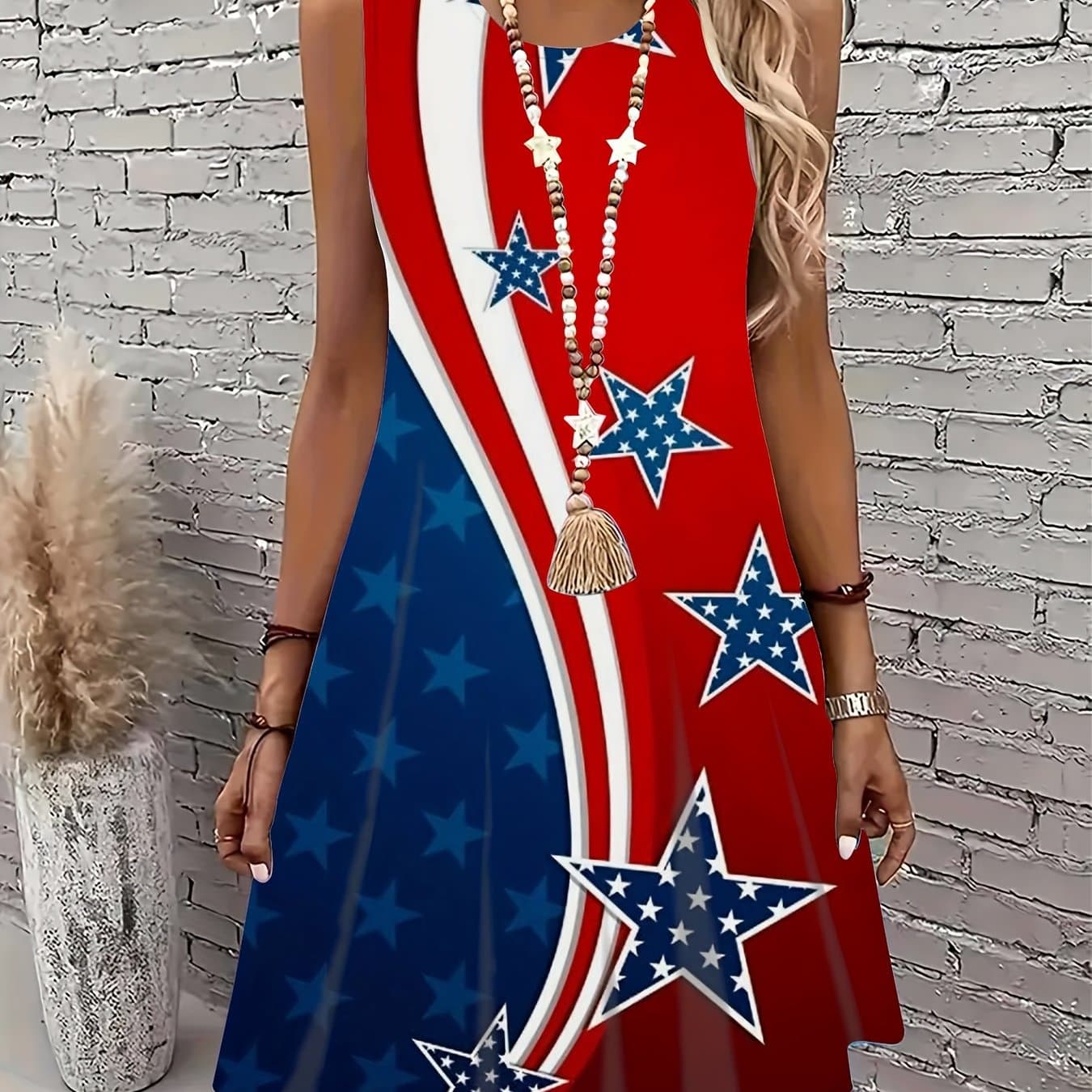 TEMU Women's Patriotic 3d Flag Print Sleeveless Dress- Elegant American , Crew Neck, Lightweight Attire, Sleeveless Dress|relaxed Fit Dress|lightweight Fabric, American Flag Clothes