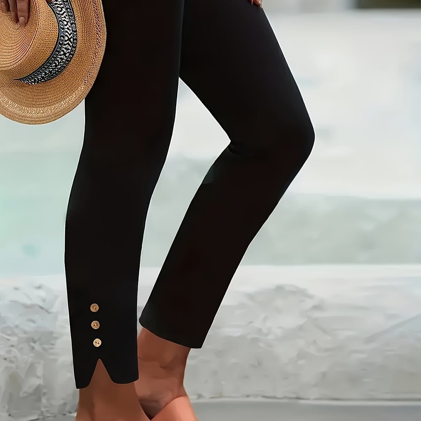 TEMU Plus Size - Plus Size - Plus Size Solid Color Leggings, Casual Leisure Solid Button-up Slit Capri Length Trousers Leggings, Women's Plus Size Clothing