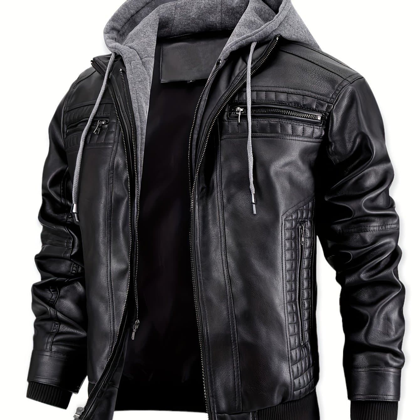 TEMU Men's Casual Stand Collar Pu Pu Leather Zip-up Motorcycle Jacket With A Removable Hood ( Belt Included)