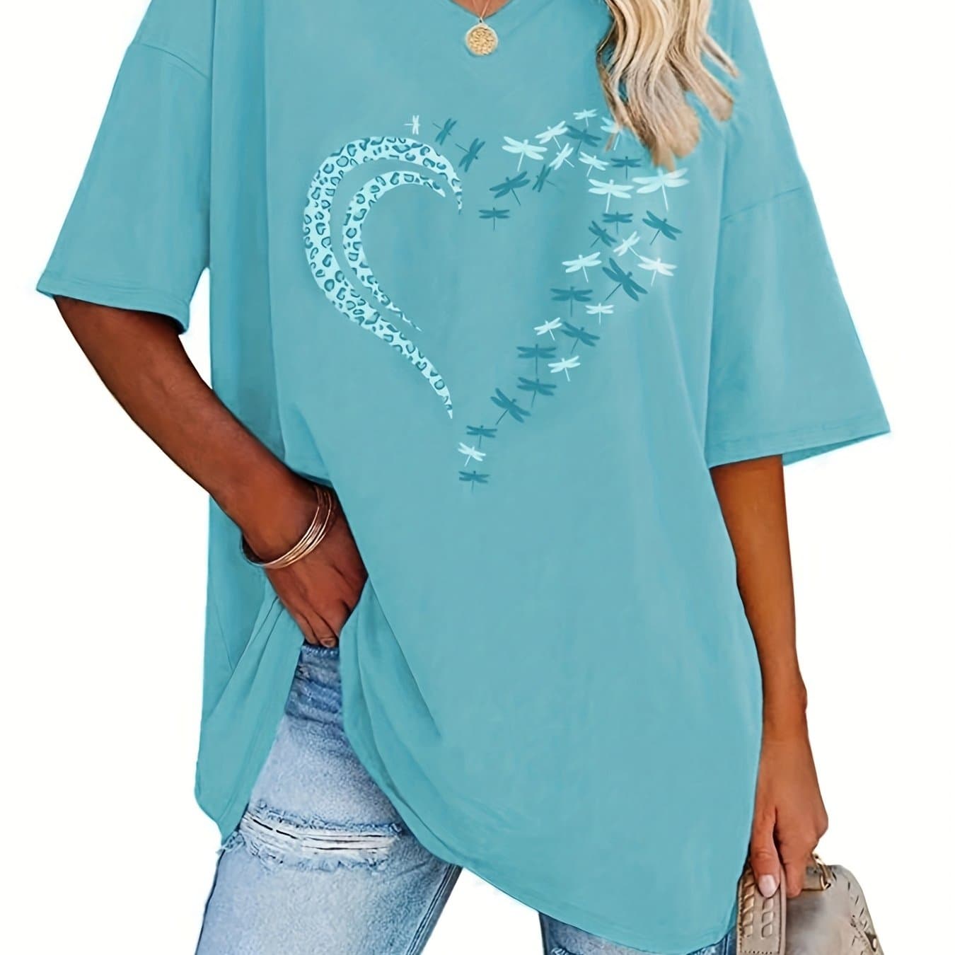 TEMU Plus Size-plus Size Heart Print Comfortable Fashion Top