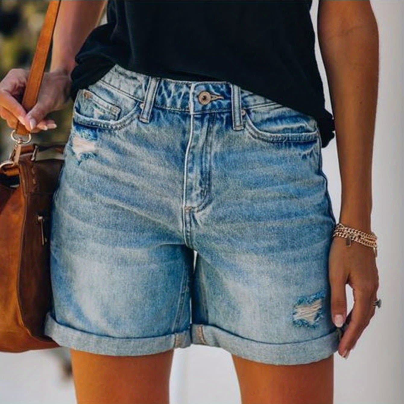 TEMU Women's Distressed Denim Shorts - Straight Leg, Light Wash With Rolled Hem & Slash Pockets, Trendy Summer Streetwear, Casual & Versatile Fashion Essential, Jean Shorts