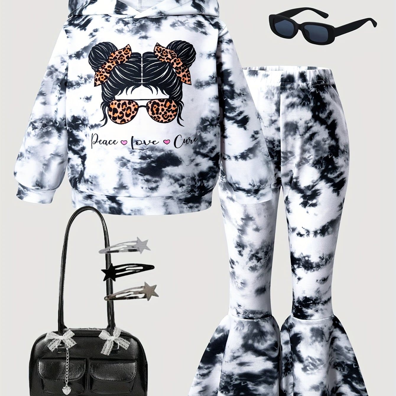 TEMU 2pcs Girls' Long Pants Set Fashion Knit Tie-dye Print Hoodie And Fashion Knit Tie-dye Flare Pants Two-piece Soft Casual Stretchy Girls' Clothing Holiday Carnival Party Gift, Perfect For Outdoor