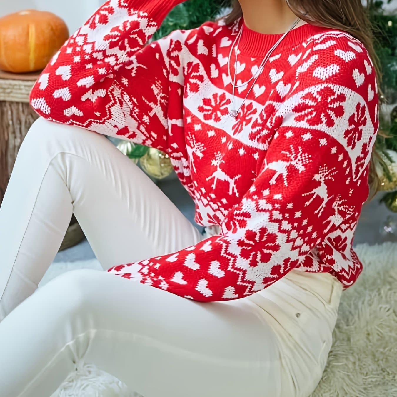 TEMU And Snowflake Jacquard Round Neck Long Sleeve Pullover Sweater, Loose And Lazy Style, Thickened Knitwear