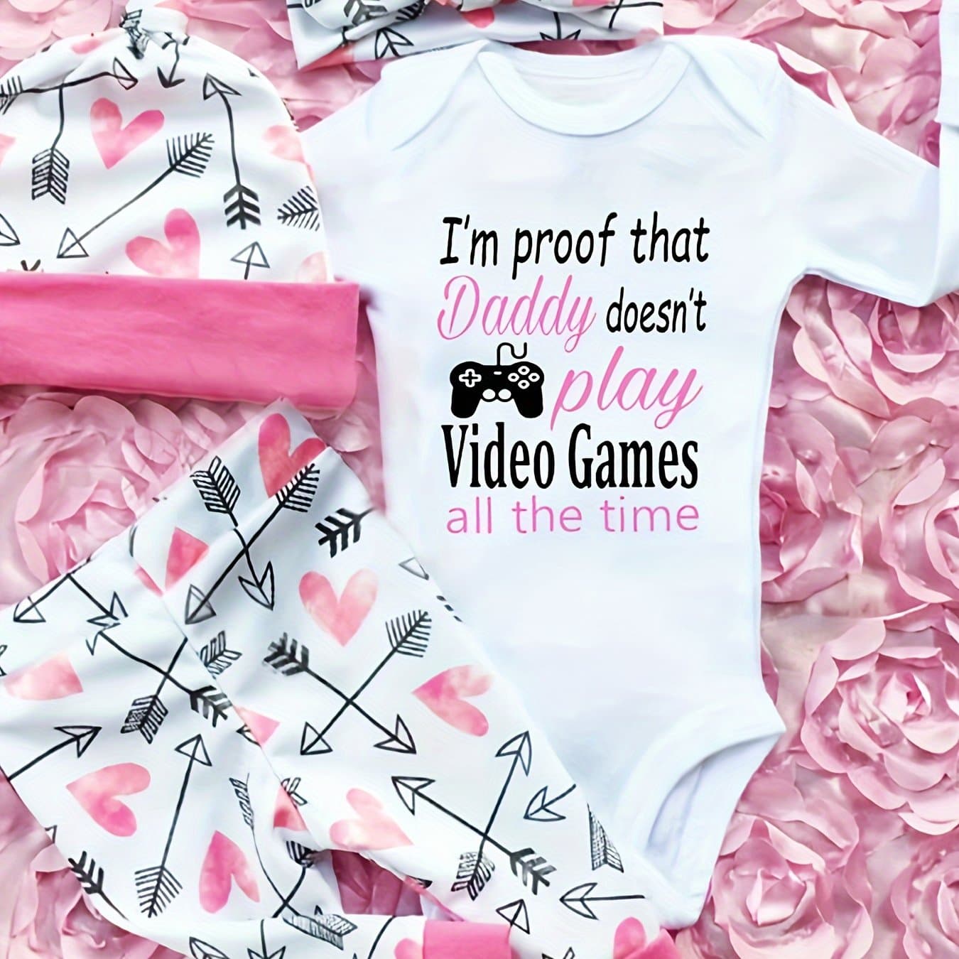 TEMU Newborn Infant Baby Girl Romper Jumpsuit Bodysuit Headband Clothes Outfits, For Outdoor