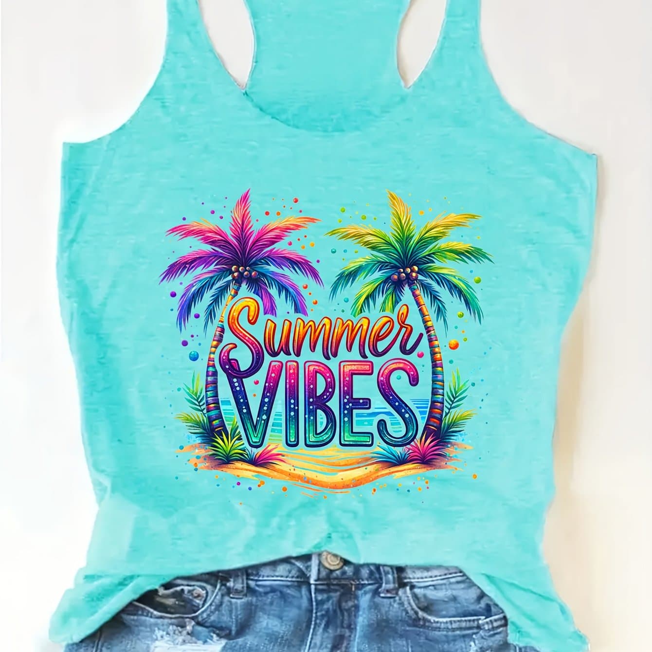 TEMU 2025 European And Letter Print Round Neck Tank Top