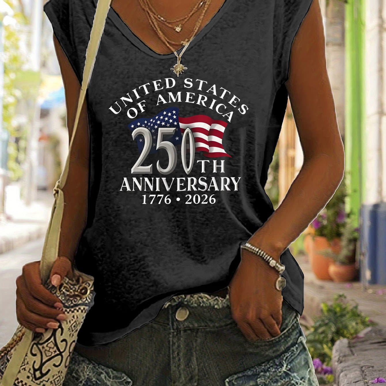 TEMU Plus Size, Plus Size Casual Sleeveless White Tshirt With American Flag 250th Anniversary Print, Perfect For Home, Outdoors, Or Gifting| Ideal For Valentine's Day, And More