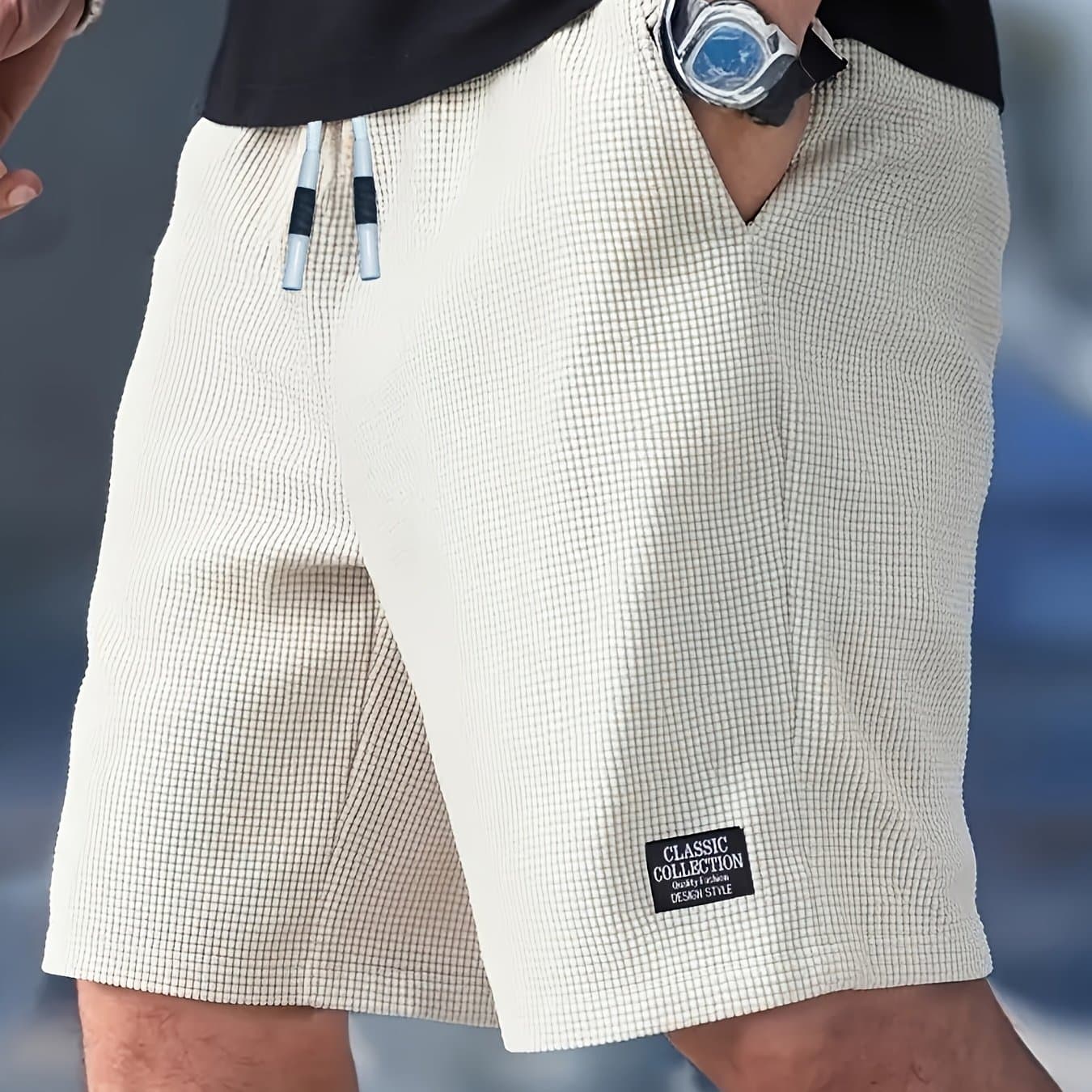 TEMU Men's Textured Casual Shorts With Drawstring Waist, Lightweight Polyester Fabric, Pockets For Casual Wear, Beach Or Outdoor Activities, | Drawstring Waist Shorts | Lightweight Shorts