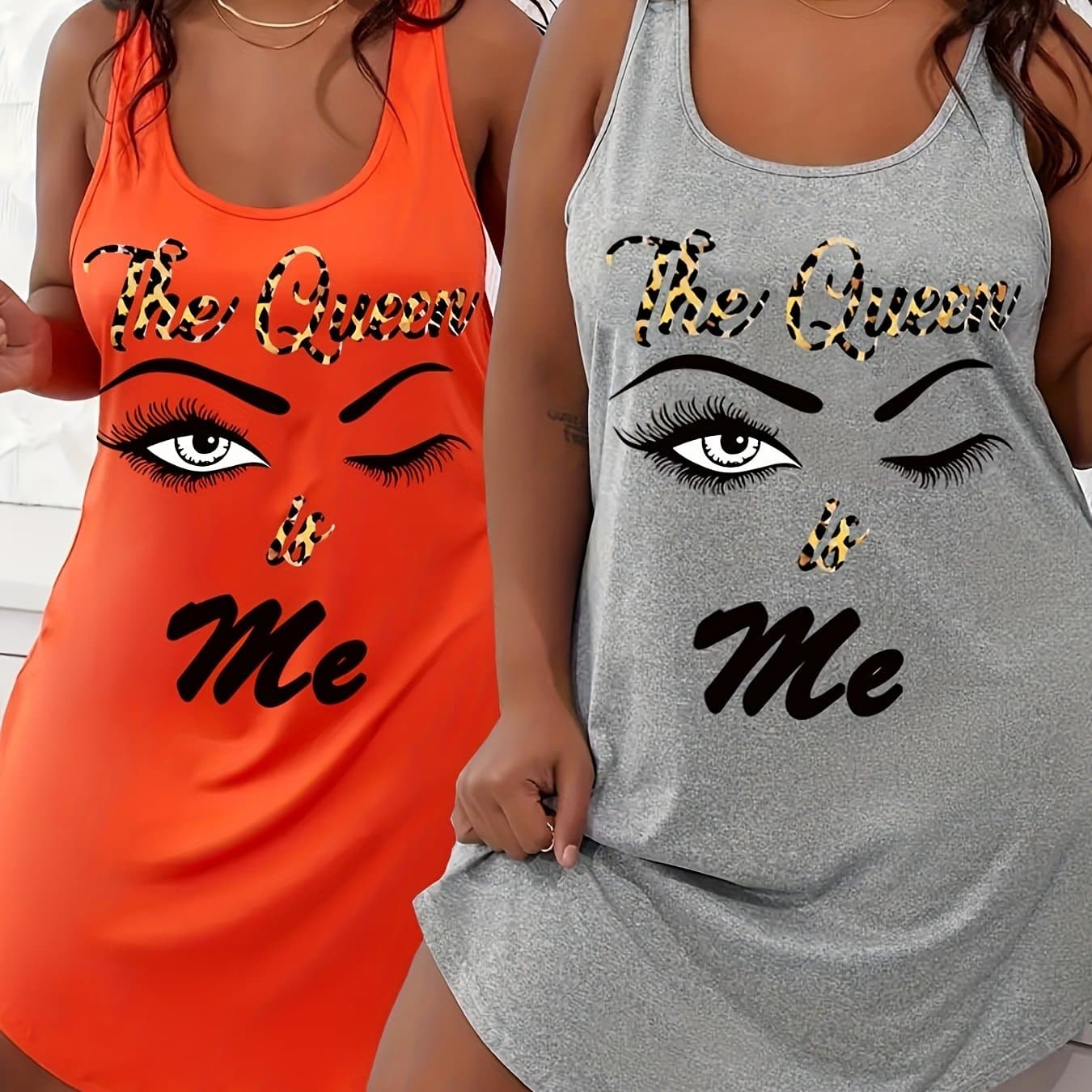 TEMU Two-piece Women's Casual Pajamas, Letter Print Crew Neck Curved Hem Tank Nightdress, Spring And