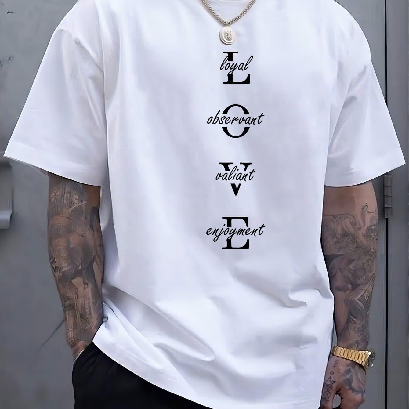 TEMU Love Print Plus Size Men's Short Sleeve T-shirt, Trendy Breathable Tees For Wear