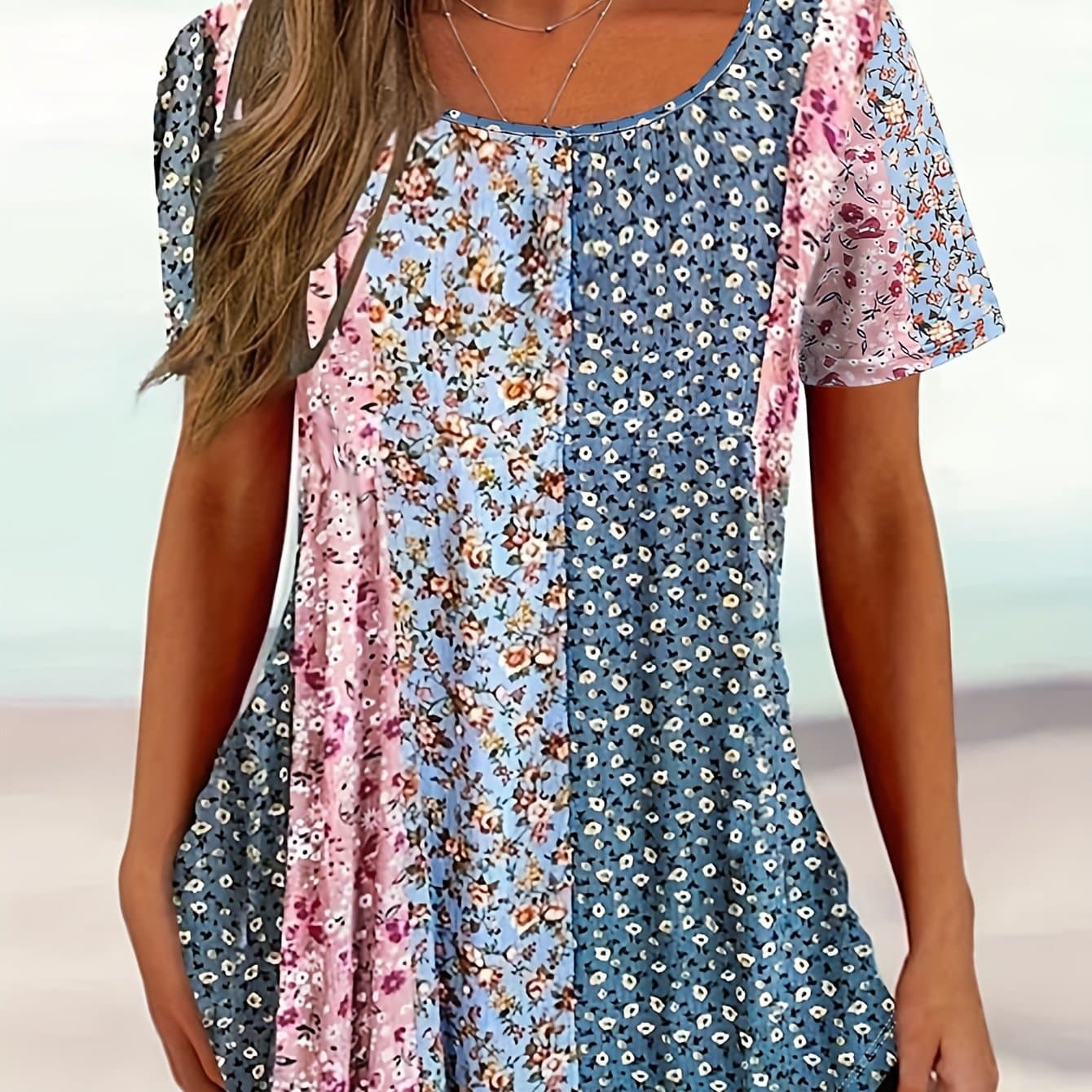 TEMU Women's Casual - Small Floral Print Mom Style Top, Breathable Short Sleeve Blouse For , Machine Washable, Ladies T Shirts, Beach Clothing, Offshoulder Design, Comfortable Fabric