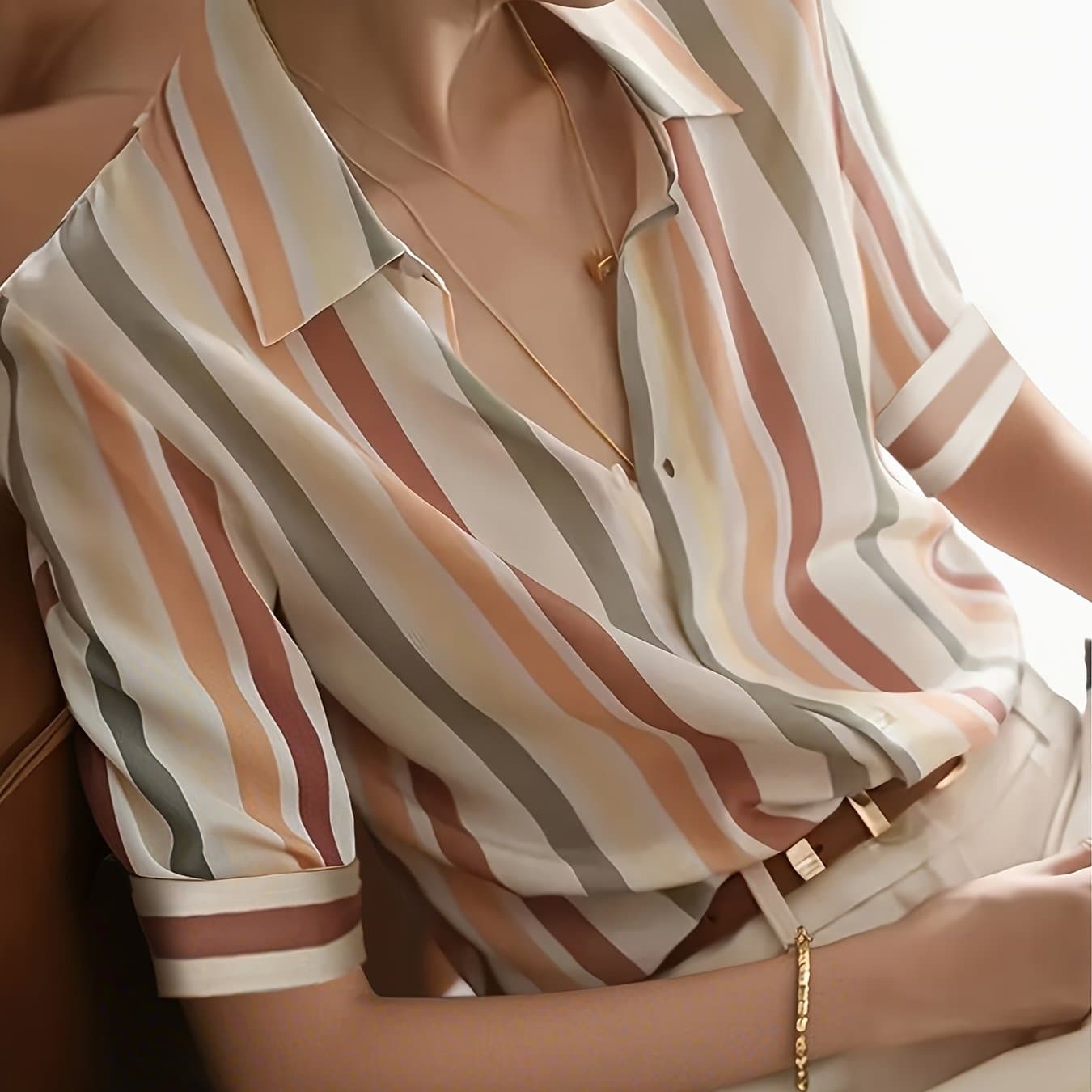 TEMU An Elegant Short-sleeve Shirt With A Collar, Featuring Button Closure, Striped Pattern, And Random Prints, Suitable For Adults, Soft And Breathable.