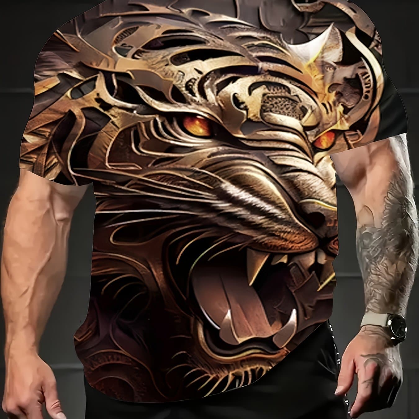 TEMU Creative Domineering Animal Pattern Skull Men's Round Neck Shirt 100d Honeycomb Eye Breathable Fabric And Cool Feeling To Deal With Summer Breathable Cool.