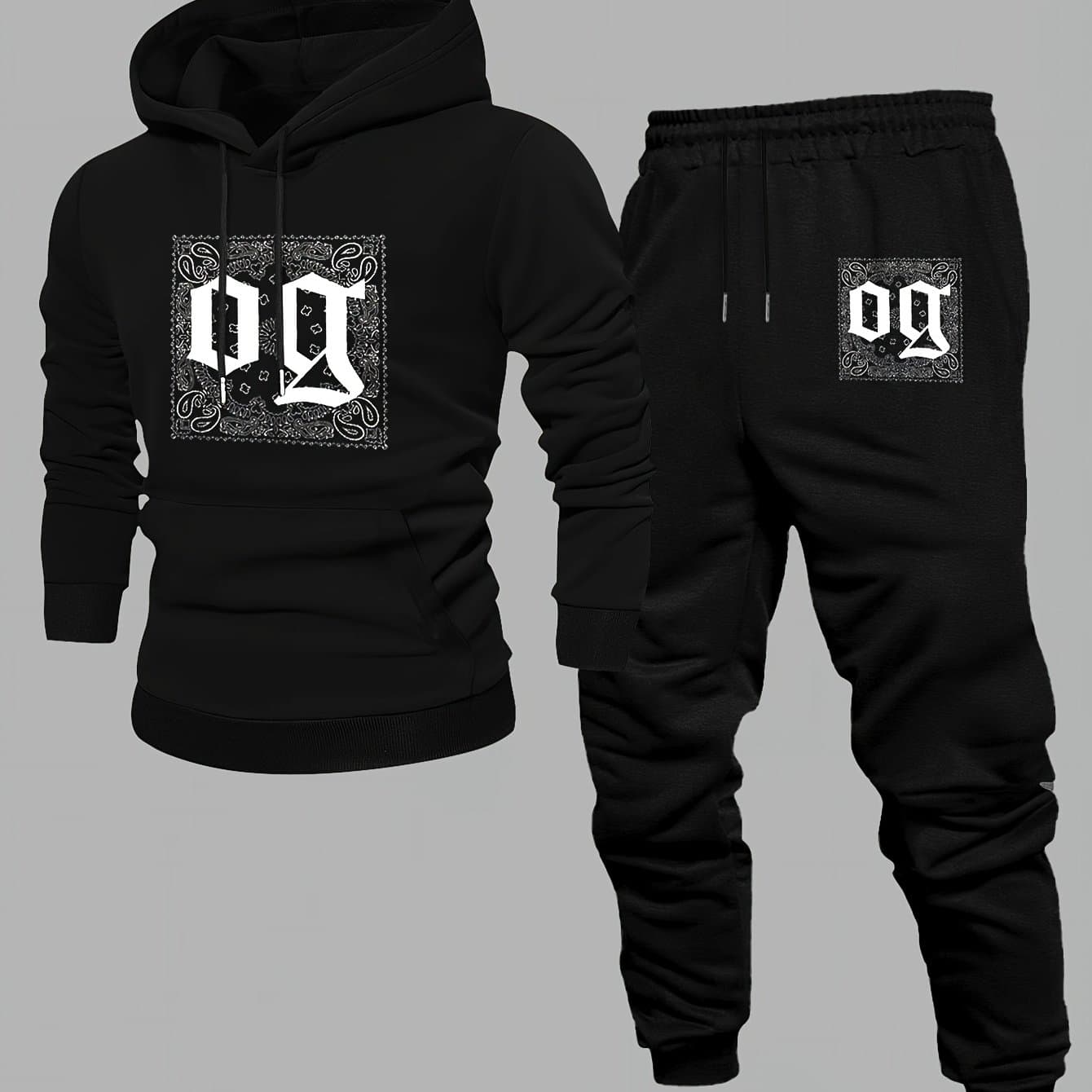 TEMU Plus-size Men's Trendy Letter "og" Autumn And Winter Sports Casual Set, -street Versatile Printed Coat, Men's Clothing, Set Including Top And Long Pants - Extra Large Size, Plus Size