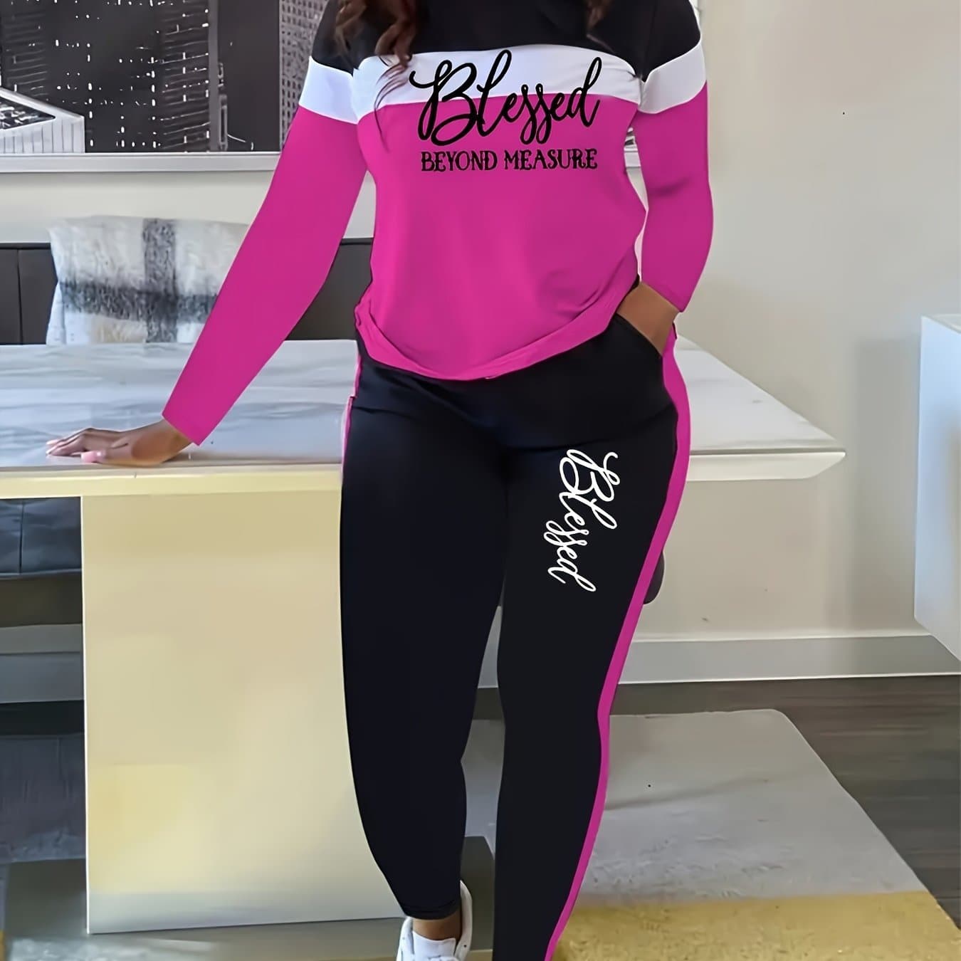 TEMU Plus Size - Plus Size - Women's Casual Suits, Stitching Colors And Lettering Prints