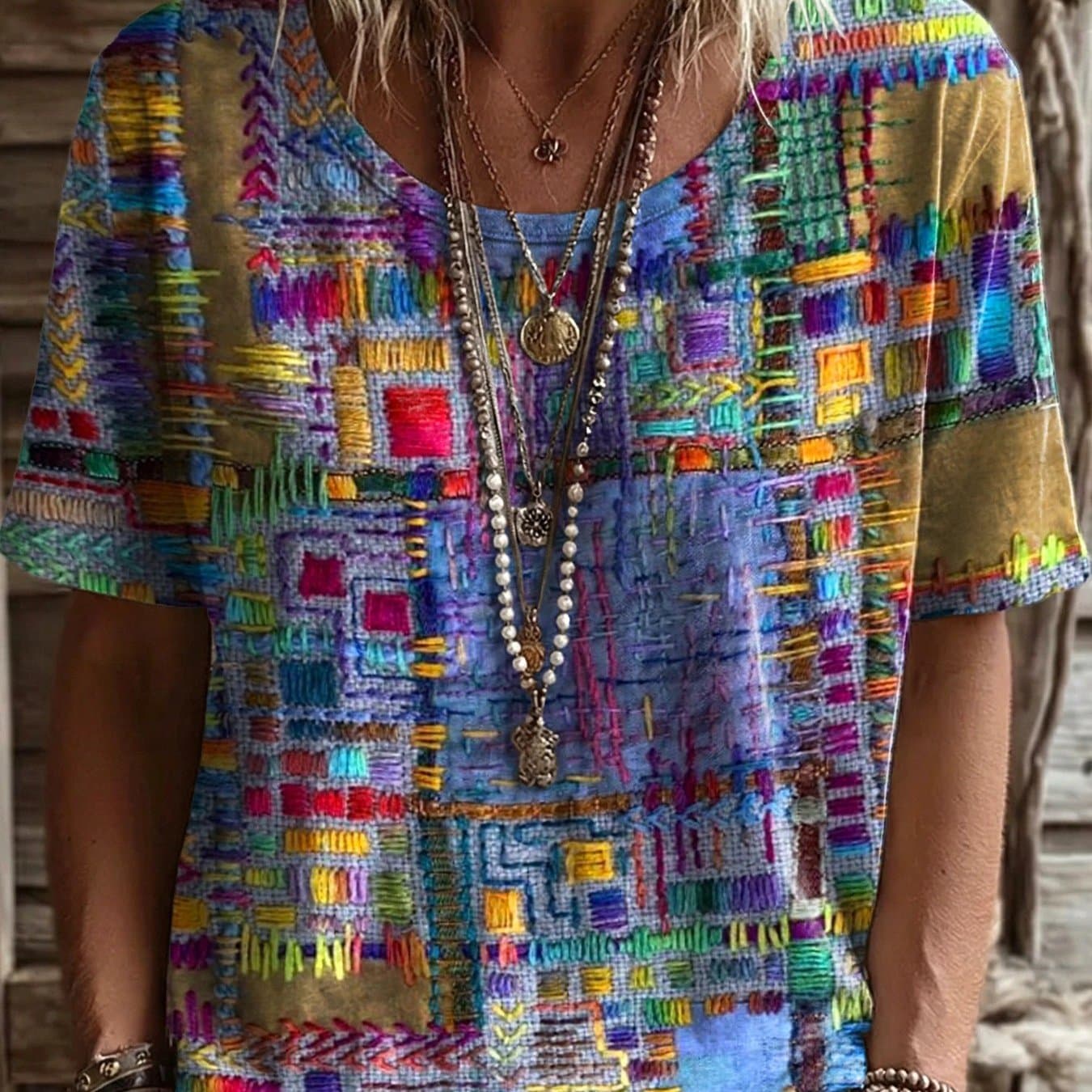 TEMU Women Vintage Colorful Embroidered Crew Neck Short Sleeve T-shirt, Boho Multicolor Loose Casual Tops For Spring Summer