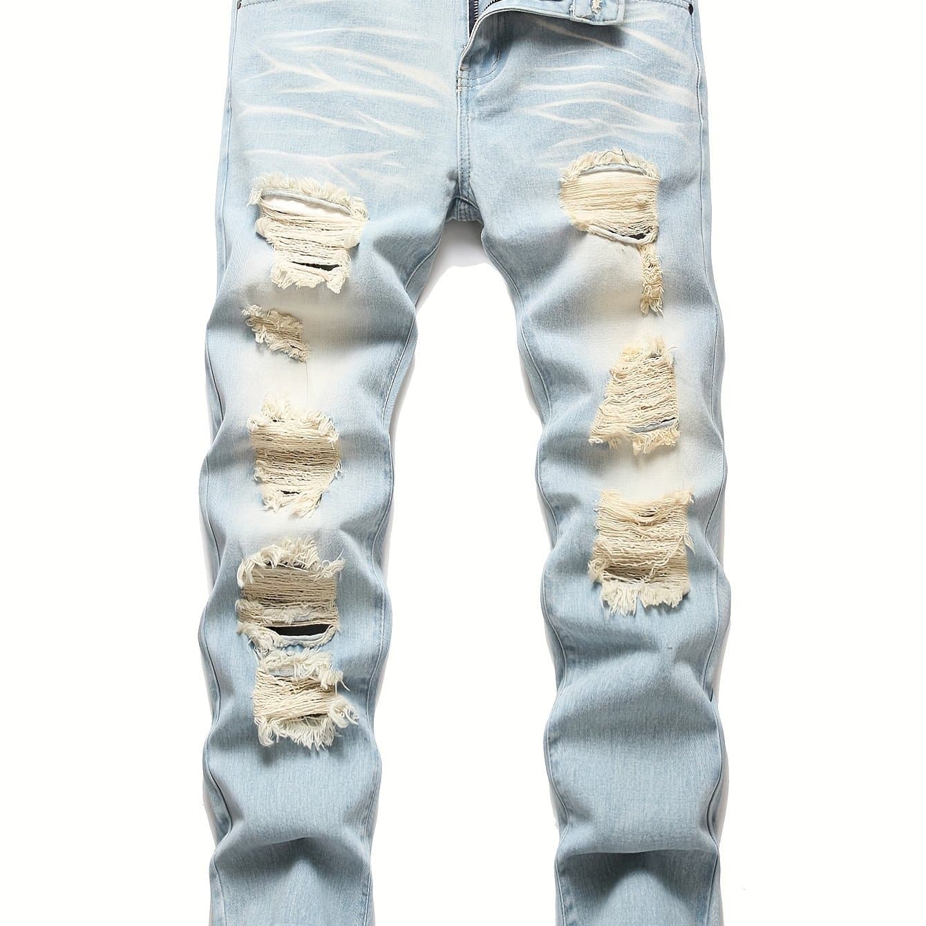 TEMU Men Ripped Frayed Bleach Wash Jeans Casual Slim-fitting Denim Menswear