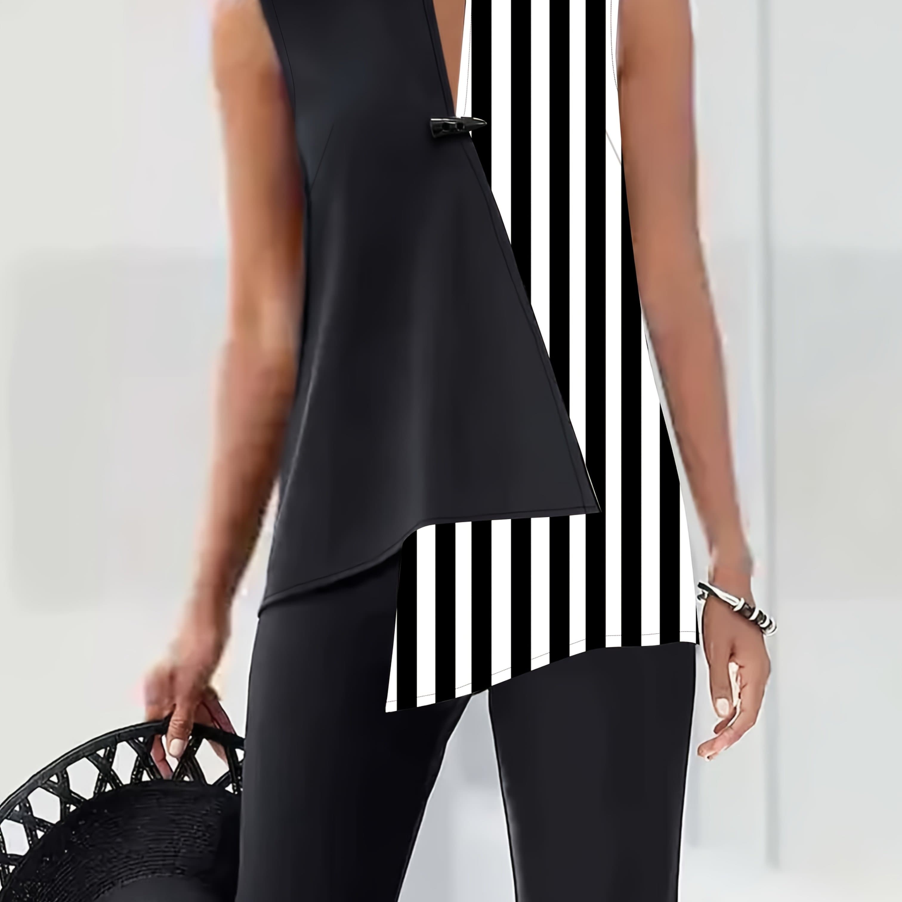 TEMU Fashion Women's Elegant Contrast Stripe Shirt With Notched V-neck, Sleeveless Button Decoration Loose Office Pullover
