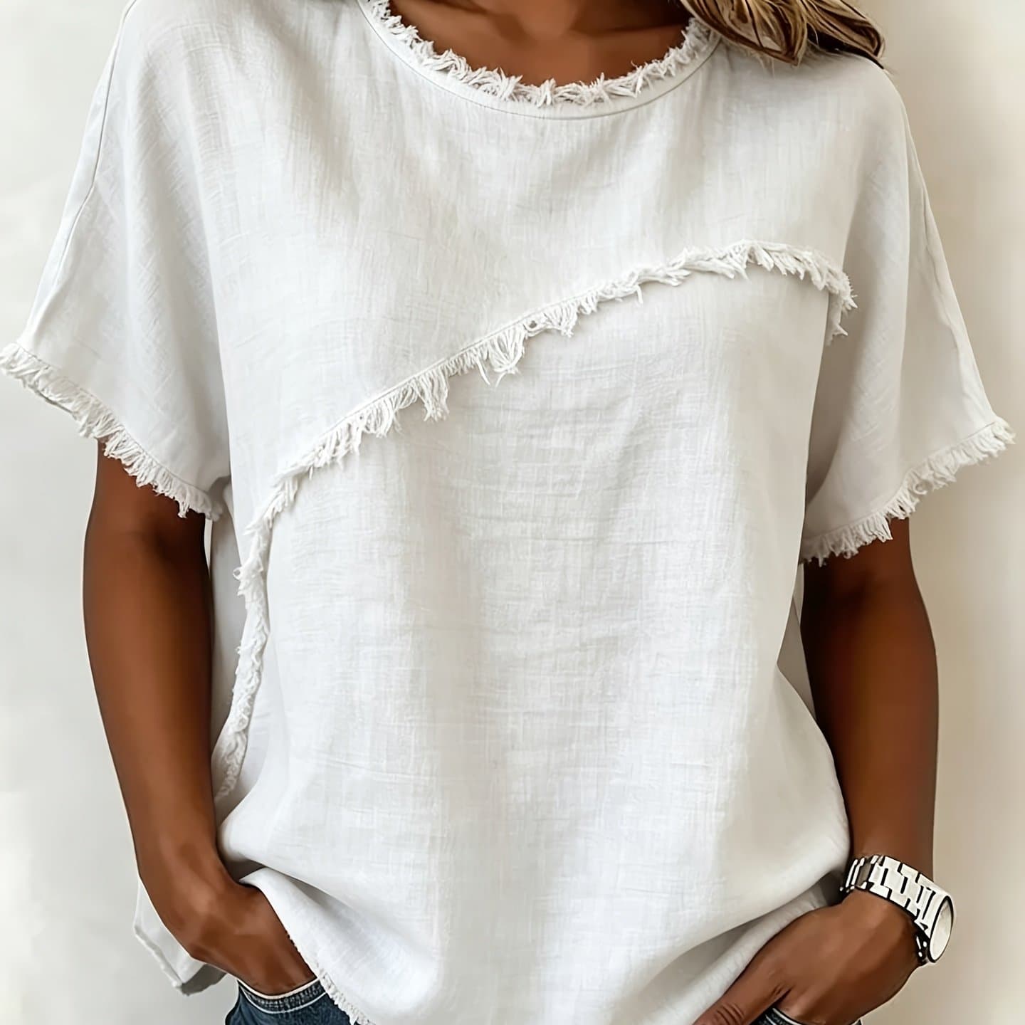 TEMU Plus Size - Plus-size Summer New Solid Color Round-neck Casual Top, Fringe Splicing Design, Loose And Comfortable Short-sleeve T-shirt, Versatile Women's Top