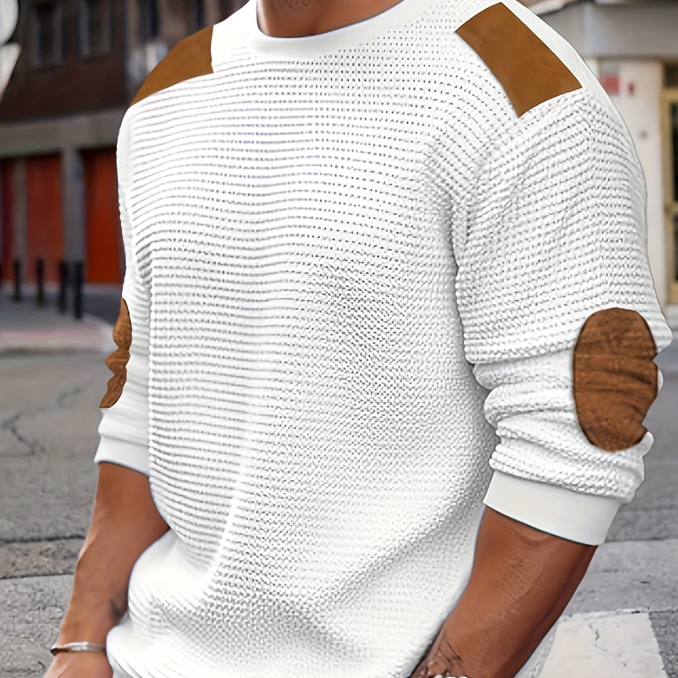 TEMU Men's Casual Waffle Knit Sweatshirt With Contrast Color Blocking & Patches - Machine Washable Round Neck Sleeve Pullover For Outdoor Leisure, Texture Clothing