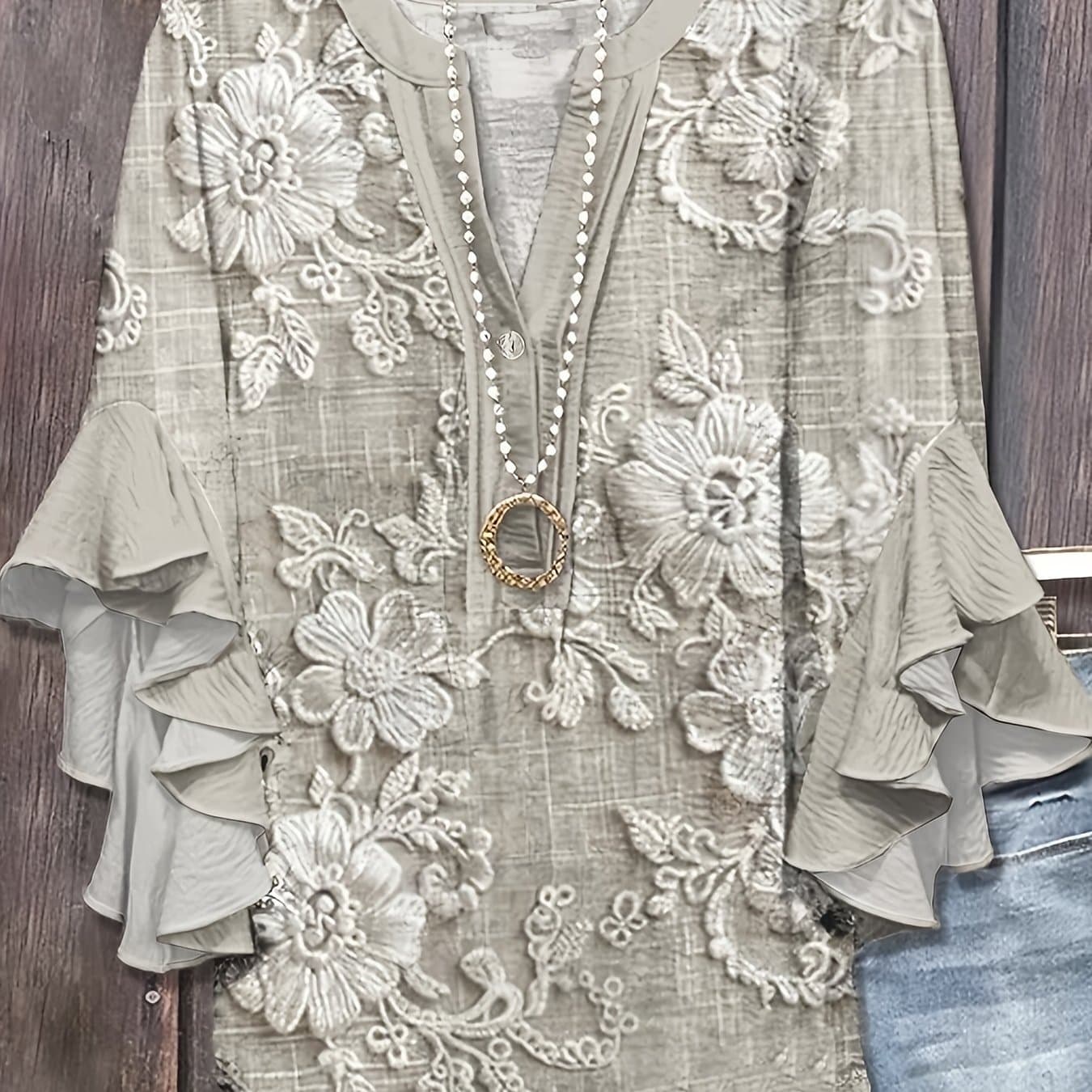 TEMU Women's Spring/summer Pullover Shirt With Textured Fabric And Flounce Sleeves