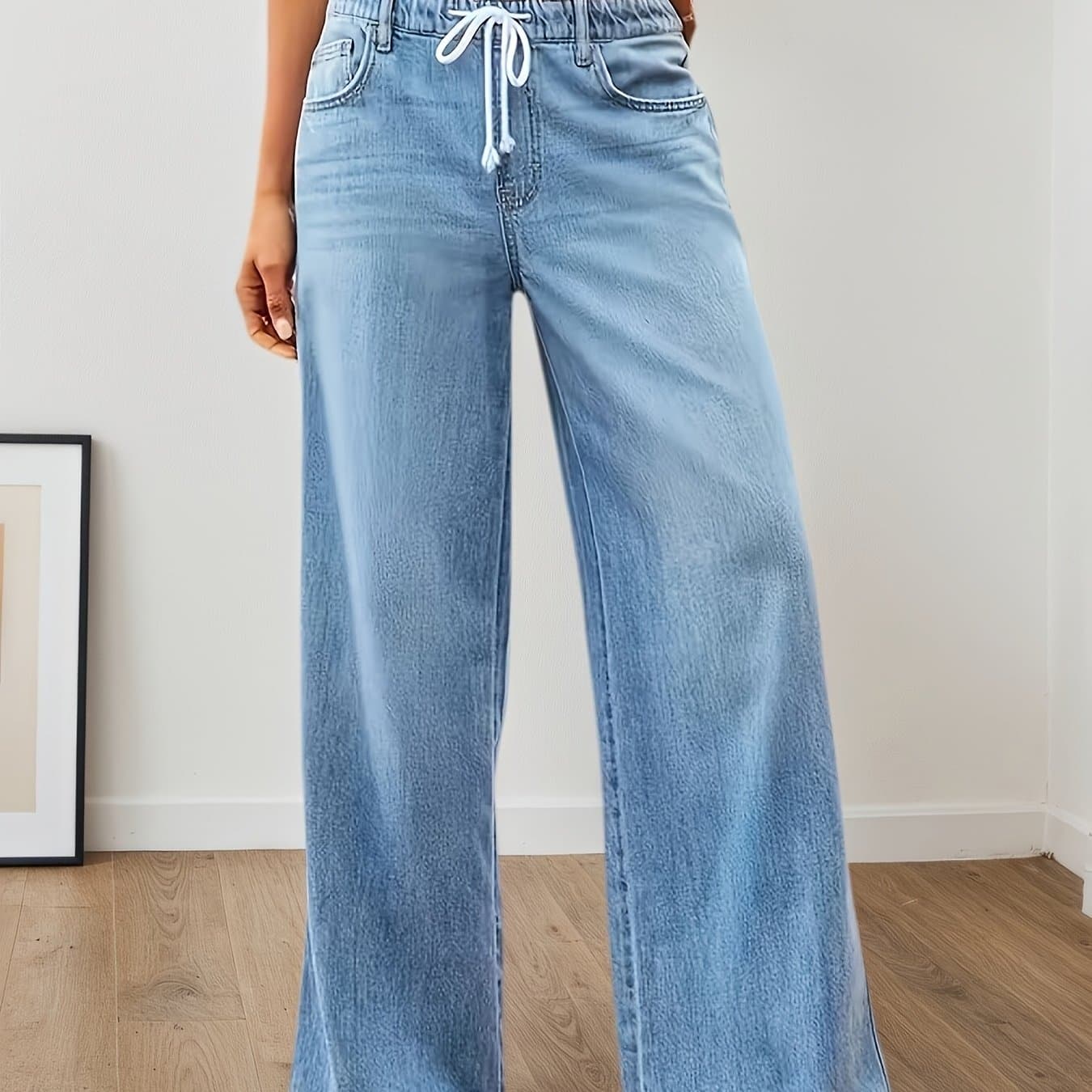 TEMU Women's Stretch-waist Straight-leg Relaxed Fit Jeans Four-season Casual High-waisted Comfortable Wide-leg Pants Fashionable Pants Suitable For Any Occasion