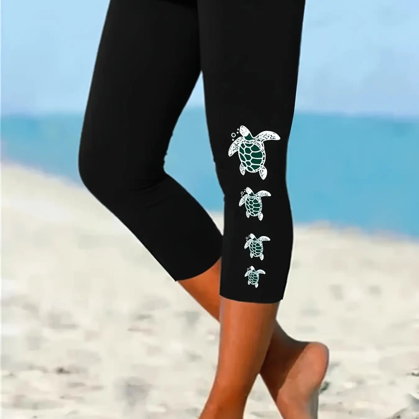 TEMU Women's High Waist Slim Fit Mid-calf Turtle Print Pants- Stretchy Elastic Casual Long Pants, Suitable For All , Machine Washable Running Casual Pants, , Fashionable Design, , Elastic Waistband,