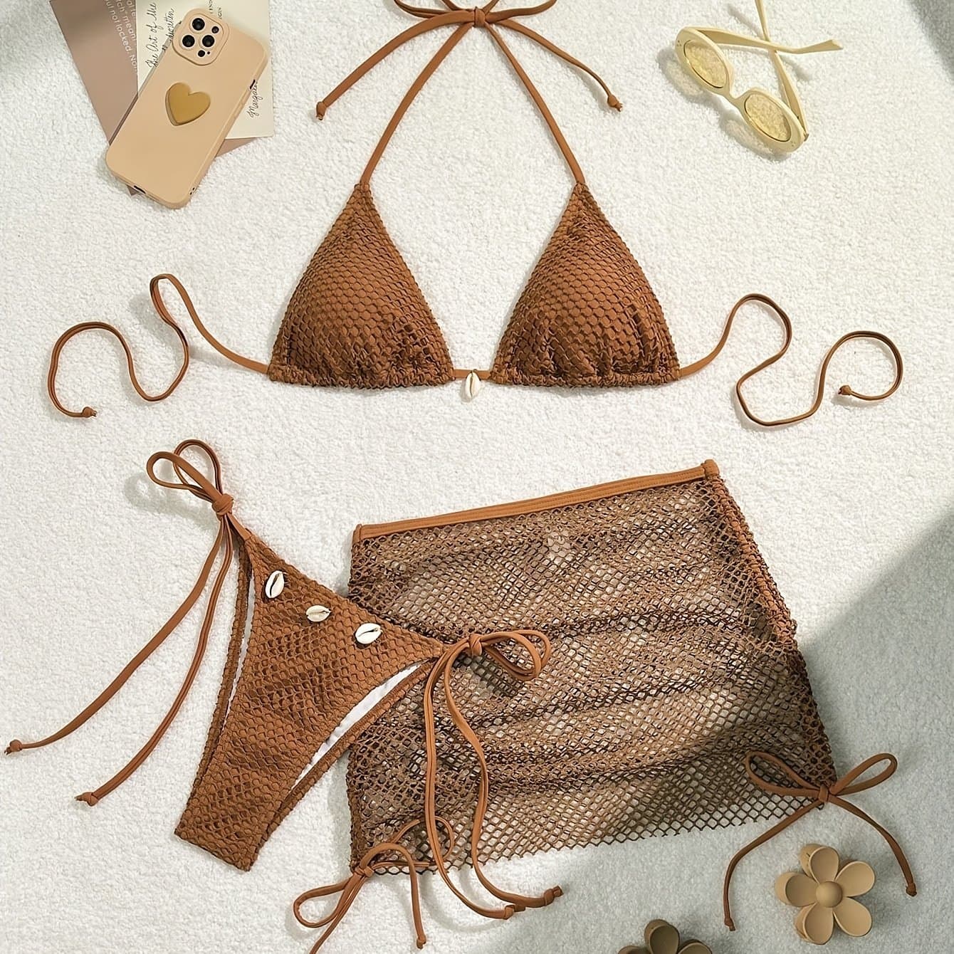 TEMU Solid Color Mesh 3pcs Bikini Set With Shell Embellishments, Tie-neckline, Semi-sheer Hip Skirt, Sexy High Stretch For Beach Vacation!